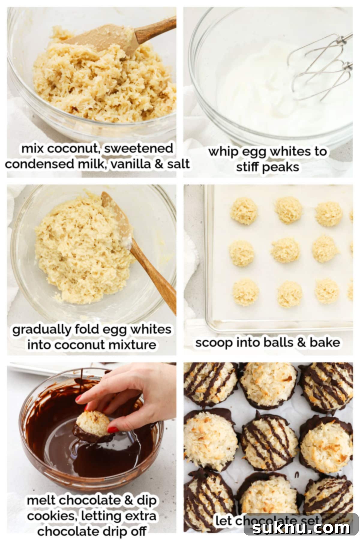 Step-by-step photos illustrating the process of making gluten-free coconut macaroons, from mixing to baking.
