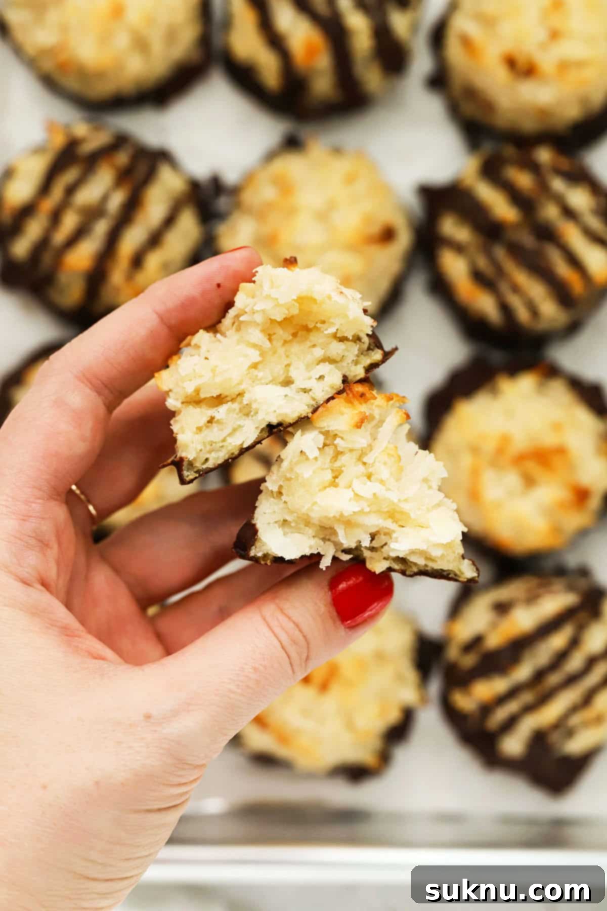 A gluten-free coconut macaroon broken in half, revealing its moist, chewy interior texture.