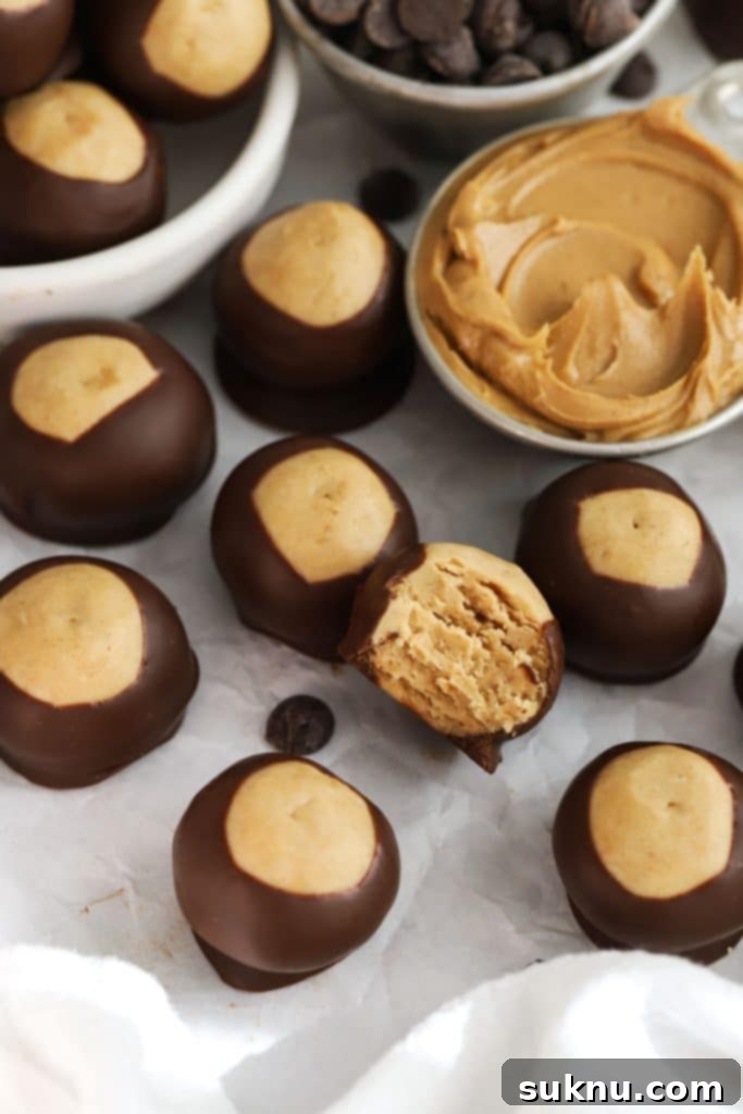 Chocolate peanut butter buckeye candy on a plate, a naturally gluten-free treat.