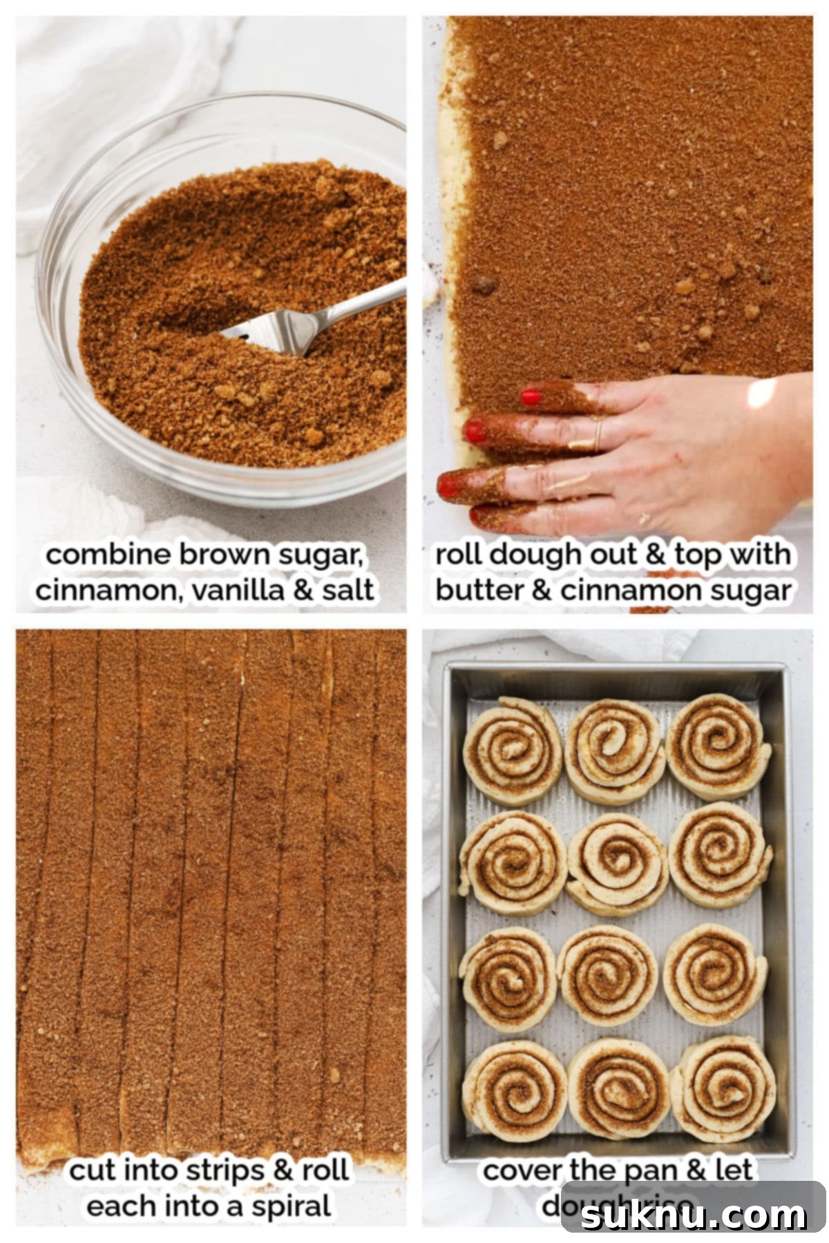 Steps showing filling and shaping gluten-free cinnamon rolls