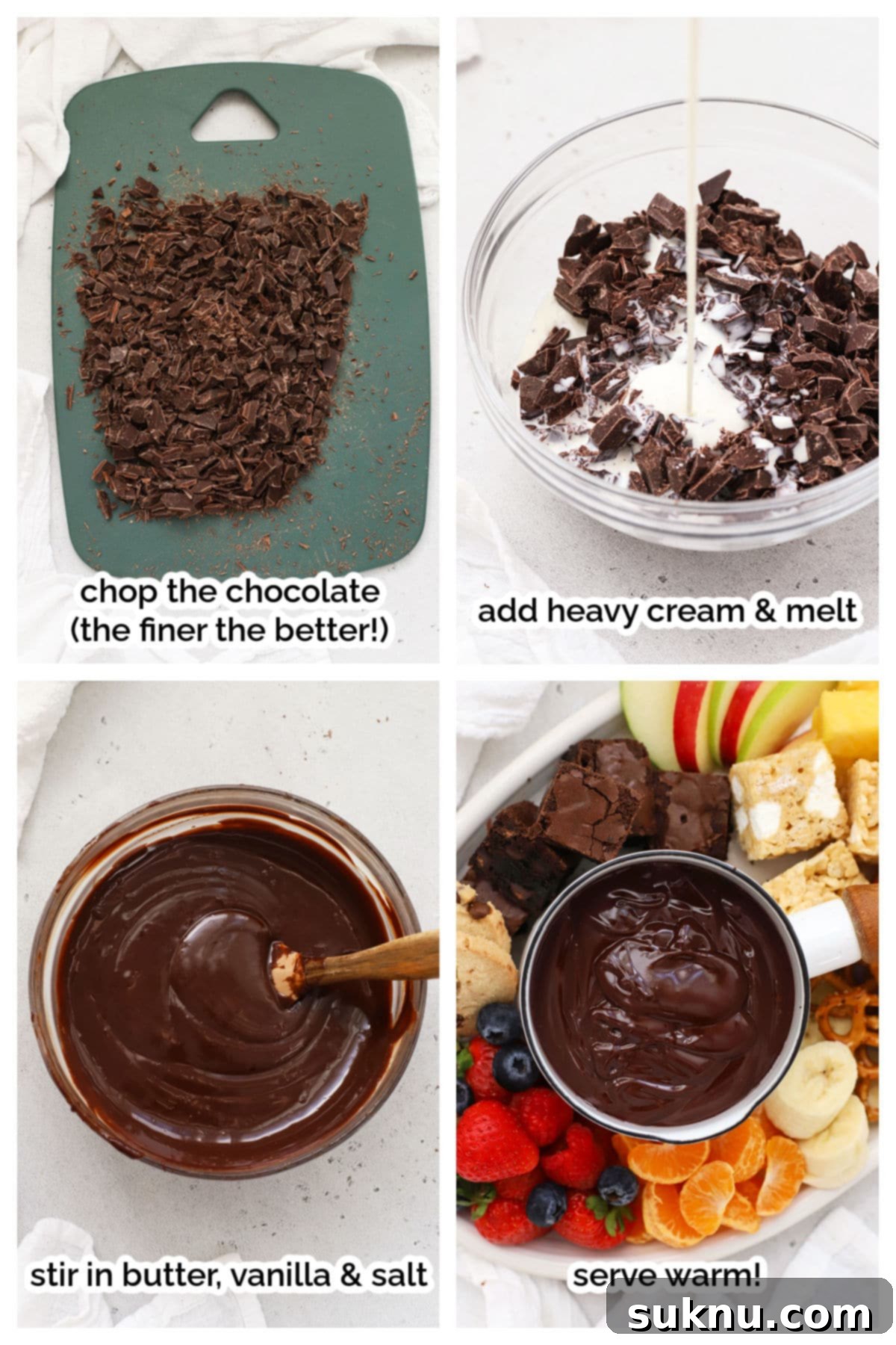 A visual step-by-step guide to making gluten-free chocolate fondue, showing the melting process.