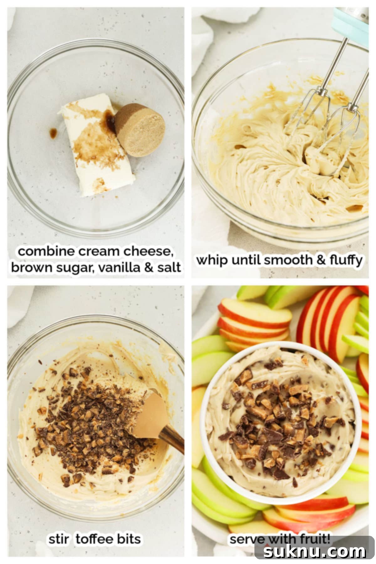 A visual guide to making toffee apple dip, showing ingredients being combined and mixed in a bowl.