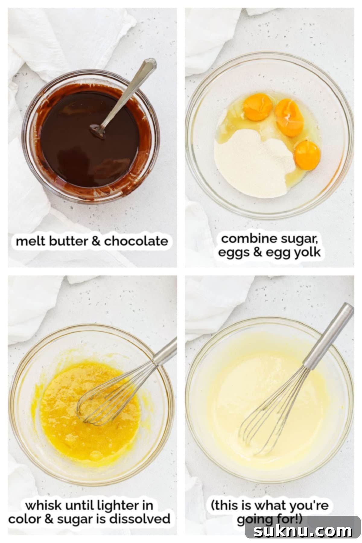 First steps of making gluten-free triple chocolate brownies, showing melted butter and chocolate, and whisked eggs and sugar.