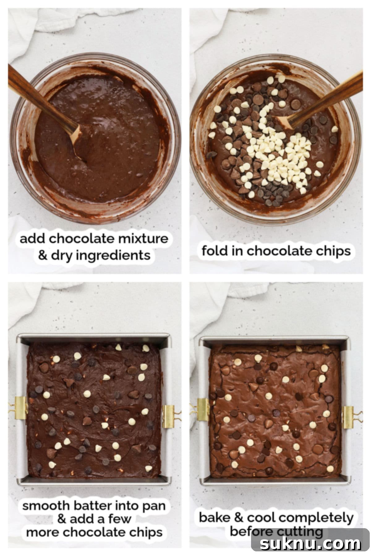 Continuing steps for gluten-free triple chocolate brownies, showing the batter mixing process and adding chocolate chips.