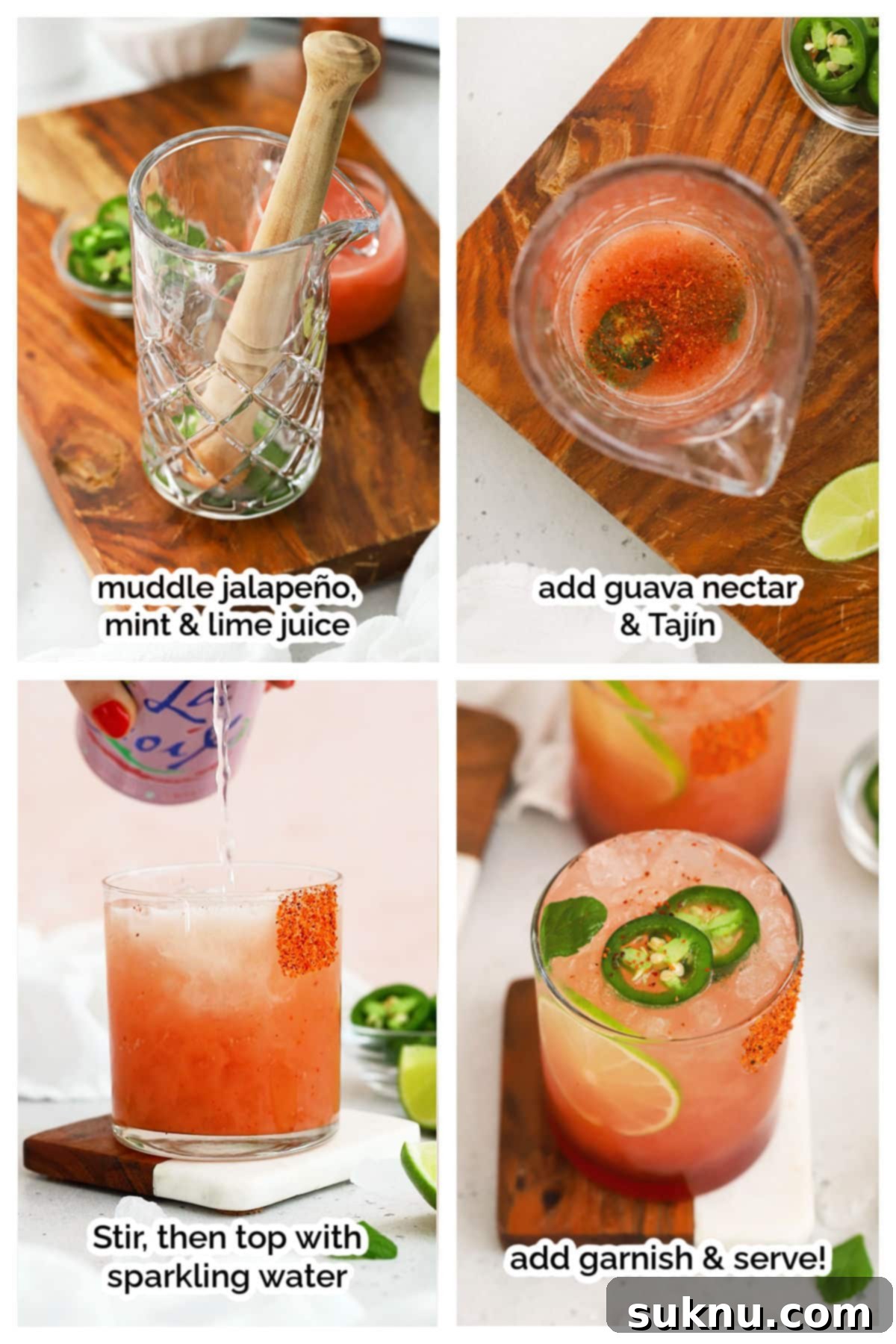 Step-by-step photos showing the process of making guava mocktails