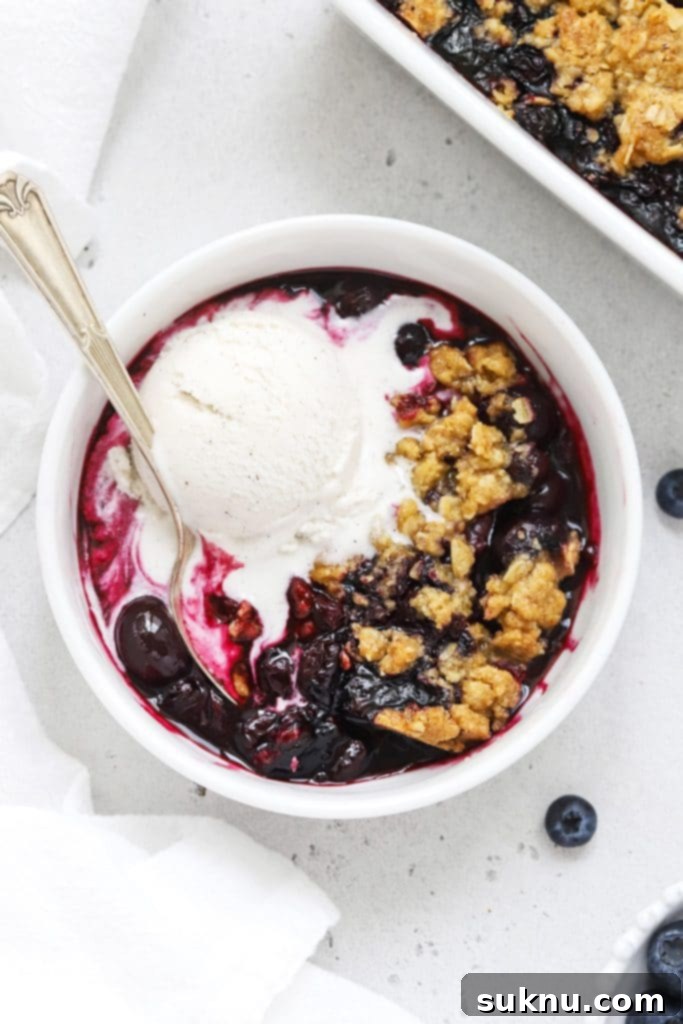 Luscious Gluten-Free Cherry Crisp 10 Overhead view of gluten-free blueberry crisp topped with melting vanilla ice cream