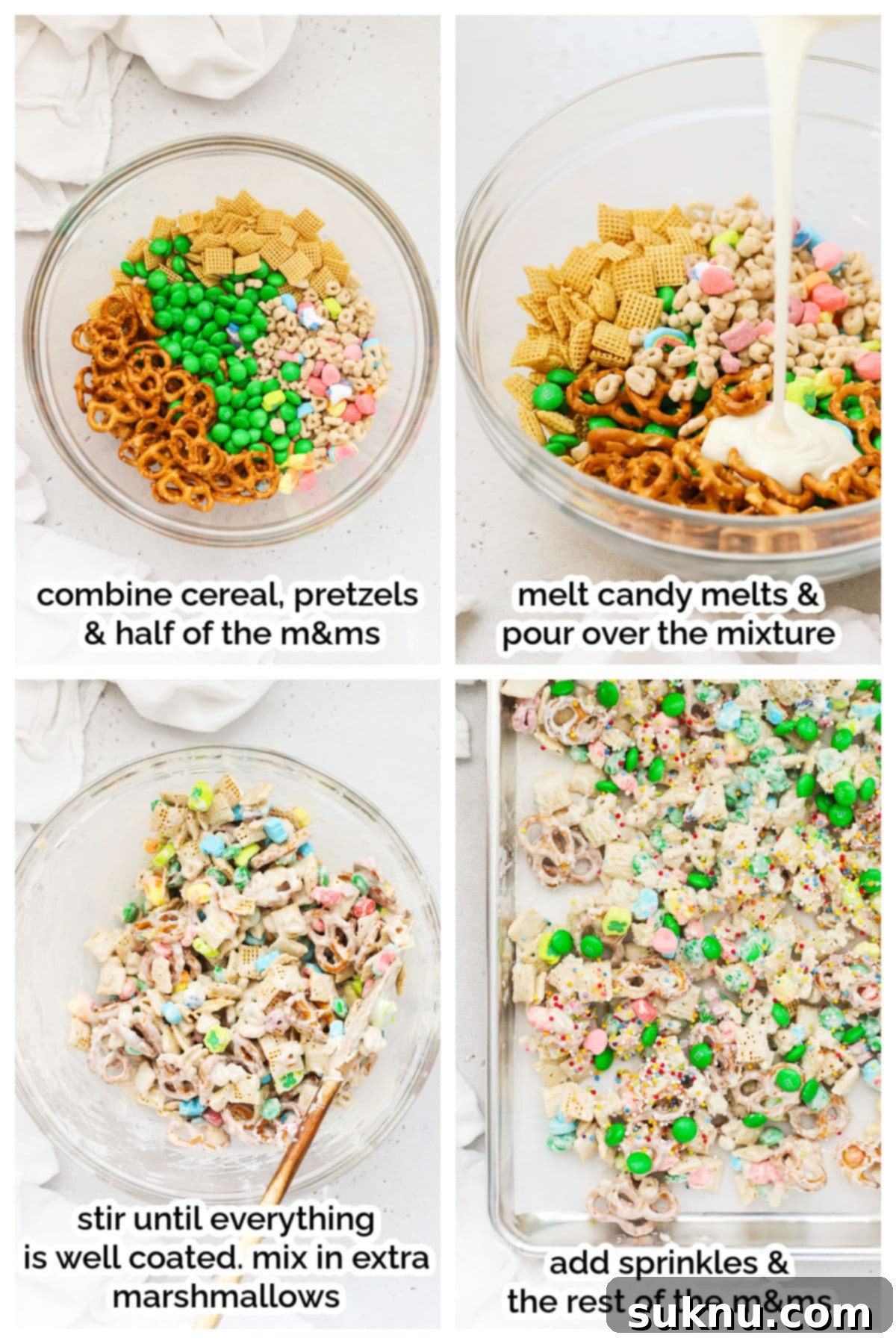 A step-by-step visual of preparing gluten-free leprechaun bait snack mix, showing ingredients in a large bowl being coated with melted white chocolate.