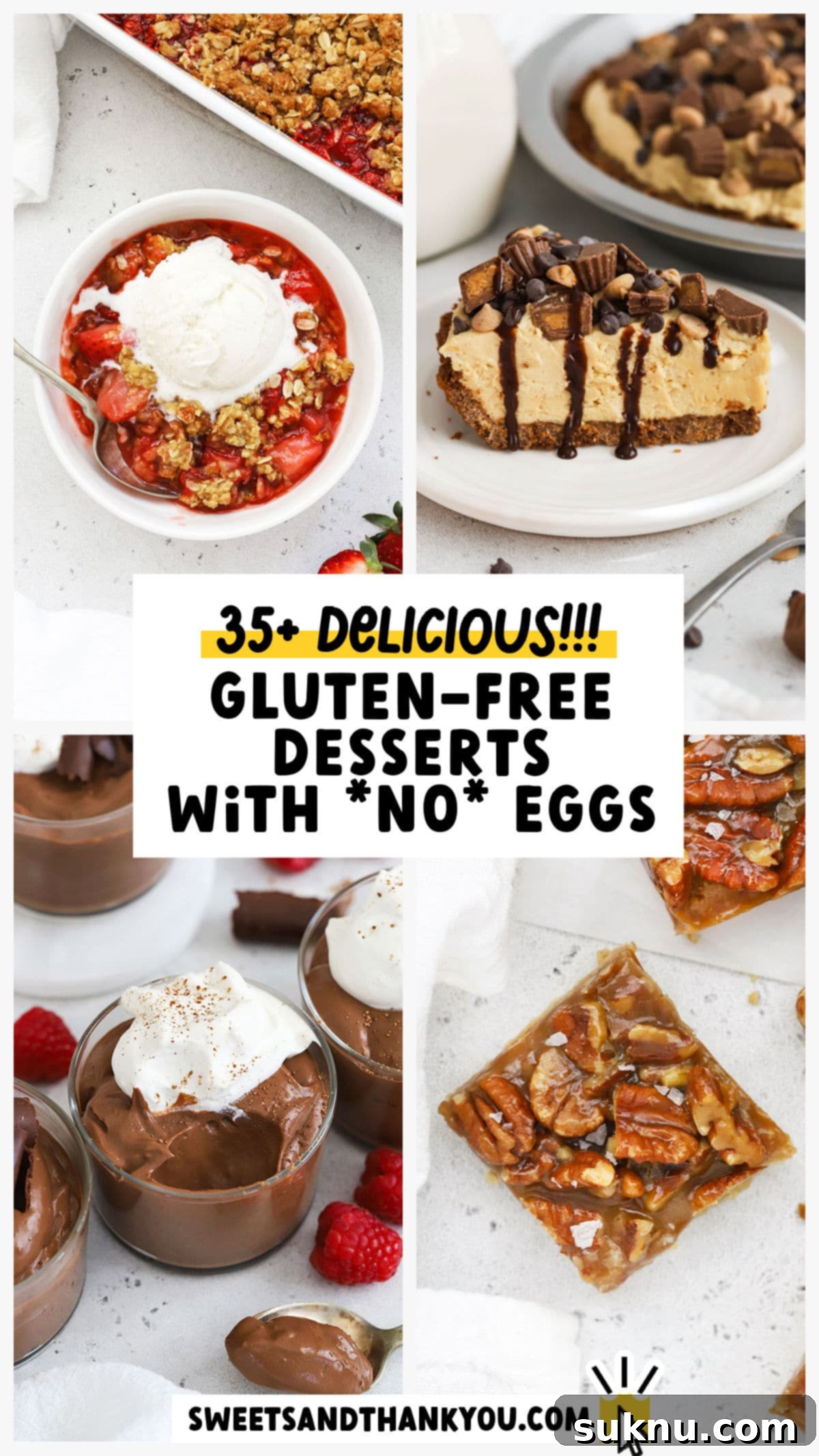 A vibrant collage showcasing a variety of delicious gluten-free and egg-free desserts, including brownies, cookies, pies, and ice cream.