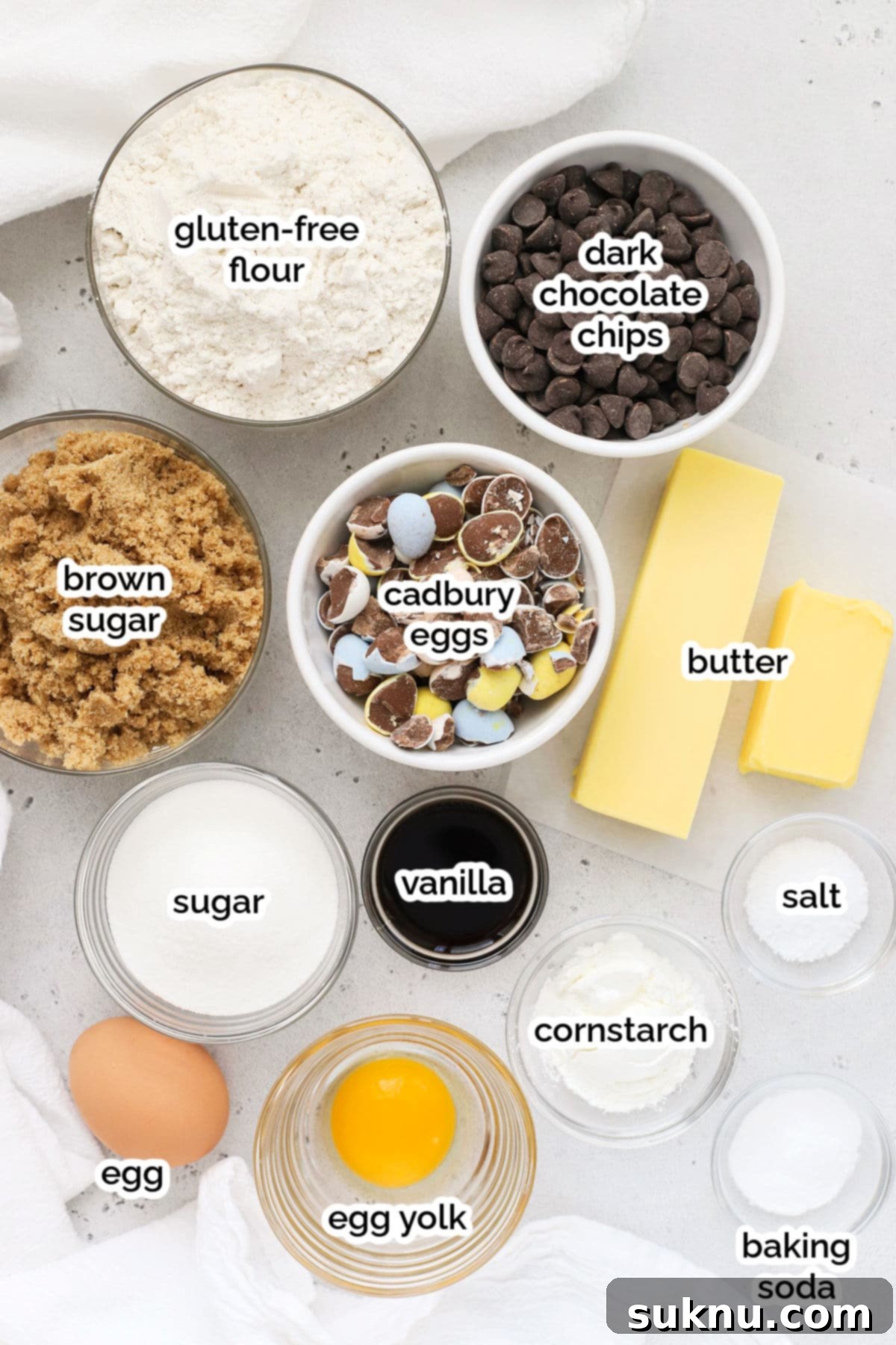 Decadent Gluten-Free Cadbury Blondies 3 Assortment of dry and wet ingredients laid out on a kitchen counter, showcasing the simple components needed for gluten-free Cadbury blondies.