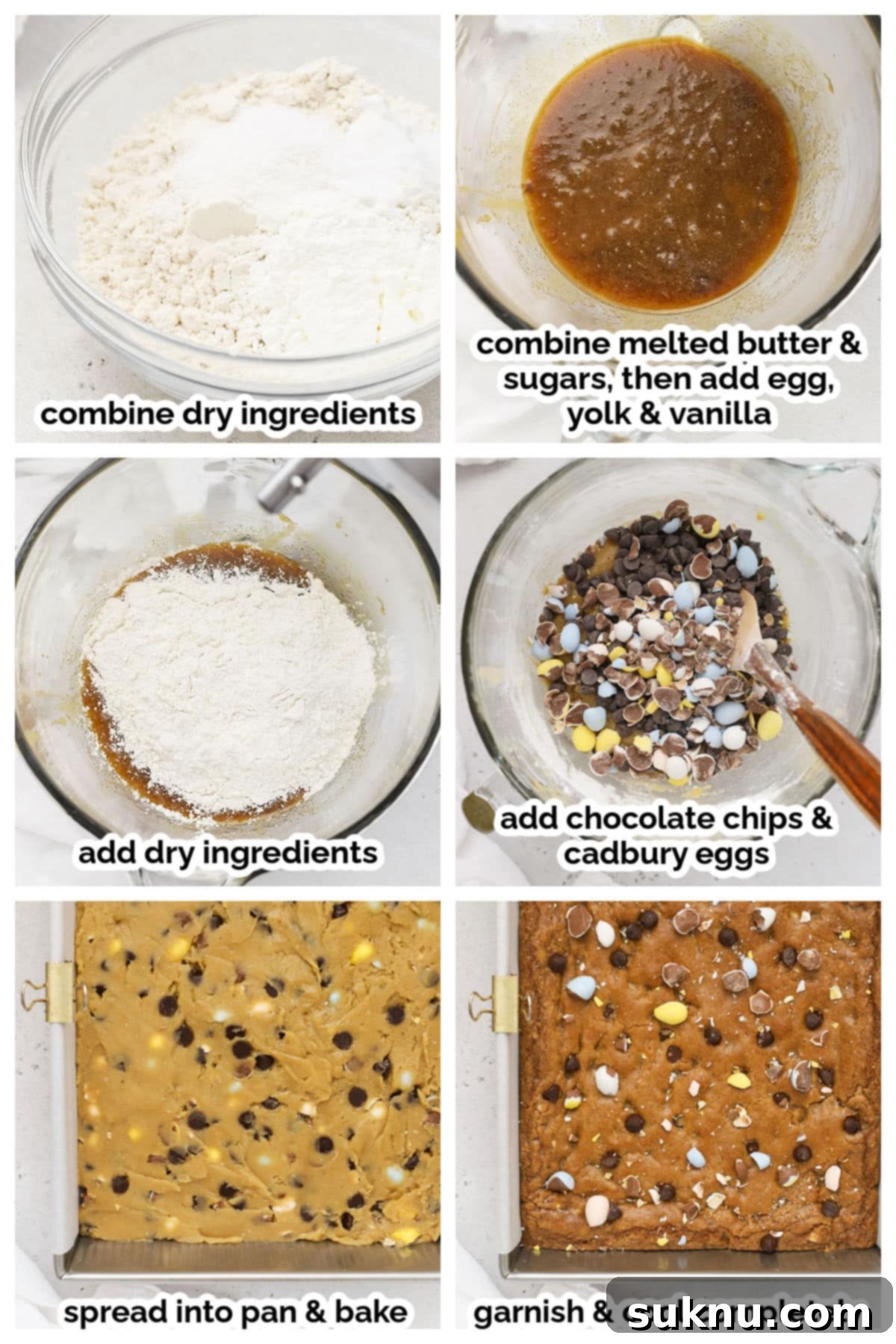Decadent Gluten-Free Cadbury Blondies 4 Step-by-step visual guide showing the process of mixing ingredients and spreading batter for gluten-free Cadbury blondies, ensuring clear instructions for bakers.