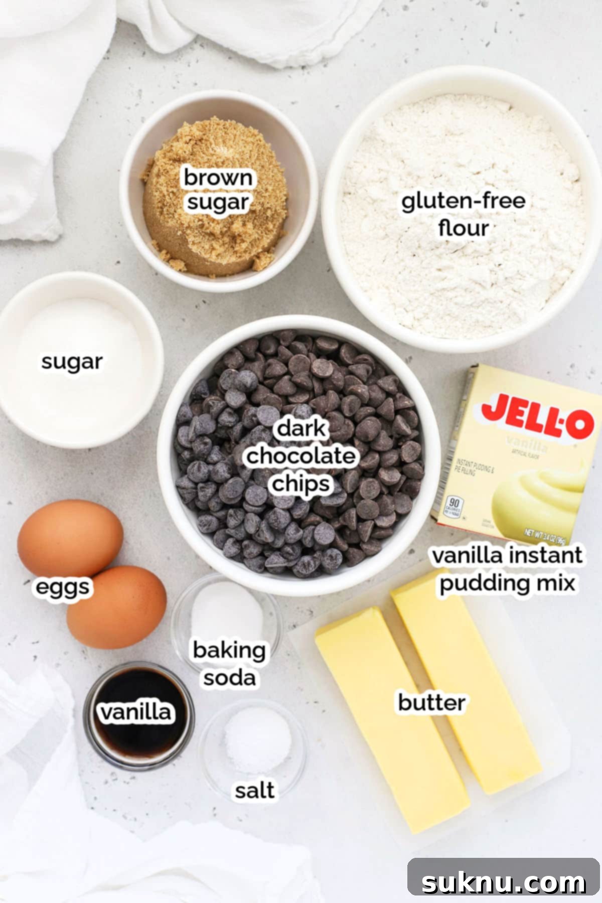 ingredients for gluten-free chocolate chip cookies with pudding mix