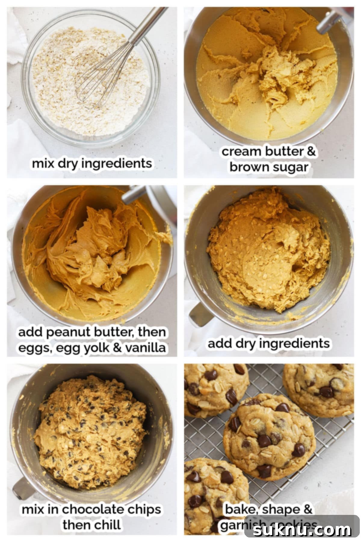 Gluten-Free Peanut Butter Oatmeal Chocolate Chip Delights 4 Step-by-step images showing the process of making gluten-free peanut butter oatmeal cookies, from mixing ingredients to forming dough balls.