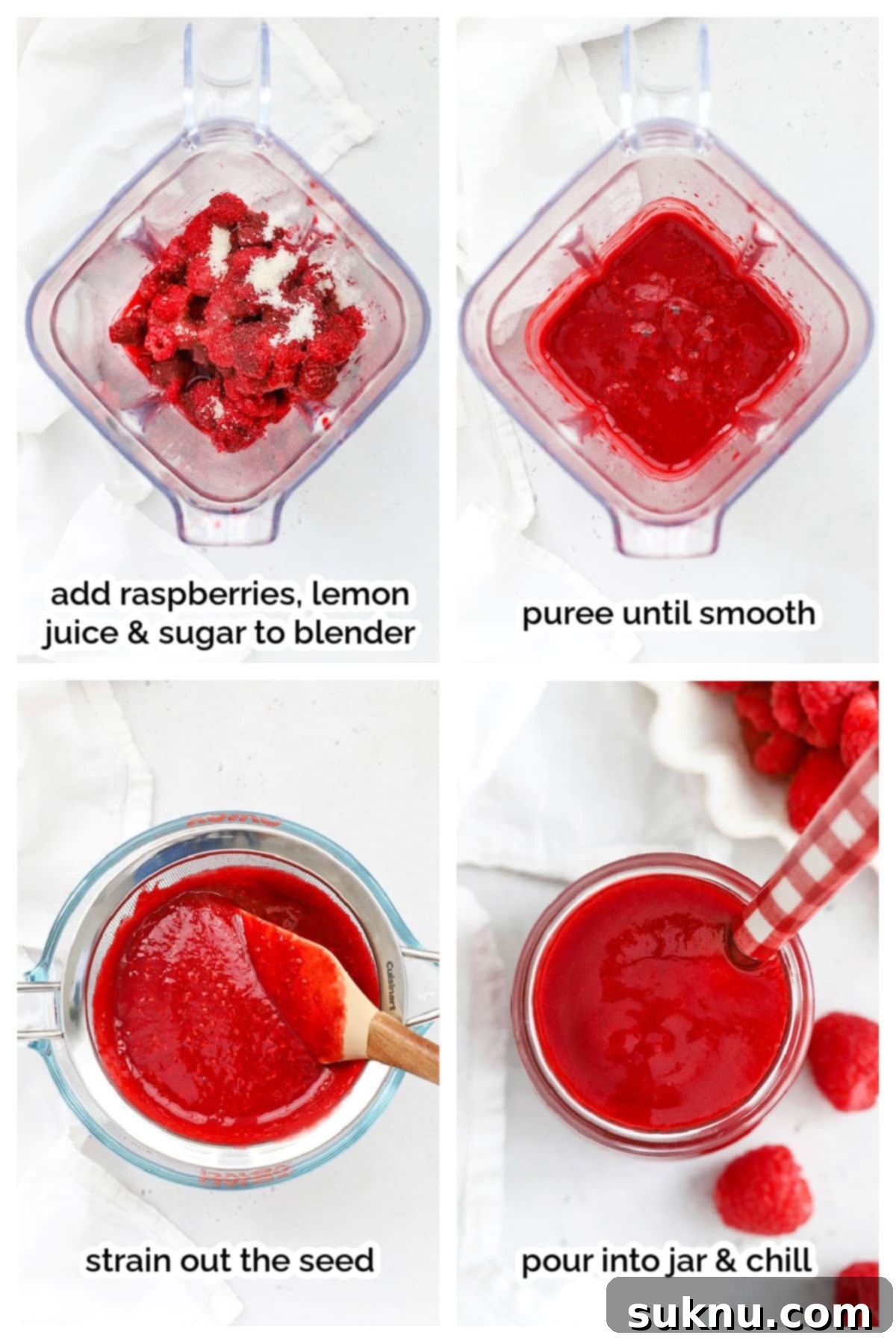 Step-by-step image showing fresh raspberries, lemon juice, and sugar being blended to create raspberry coulis