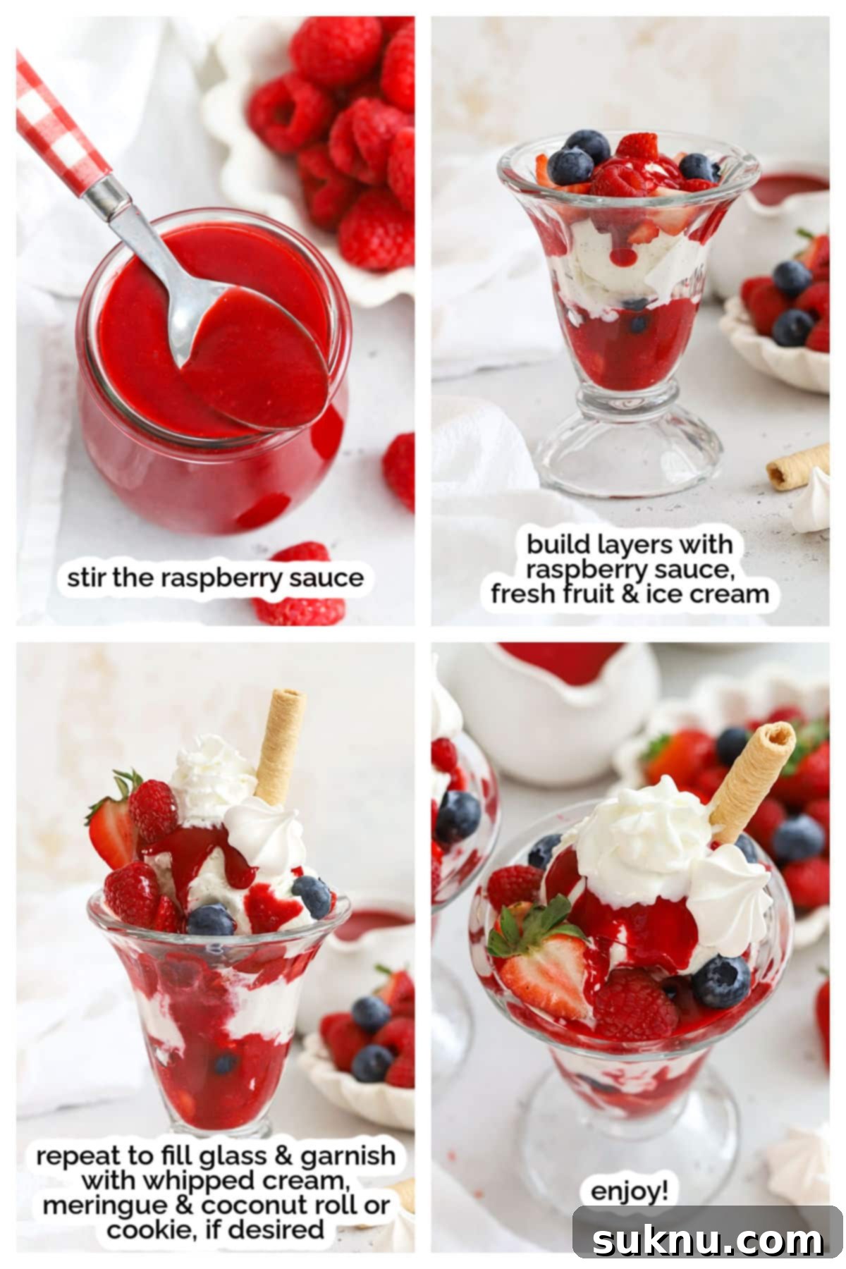 Step-by-step image of layering raspberry sauce, fresh berries, and vanilla ice cream in a tall glass to build a Knickerbocker Glory sundae