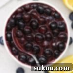 Easy Blueberry Sauce For Cheesecake And Beyond 11 spoon dipping into a bowl of fresh blueberry sauce