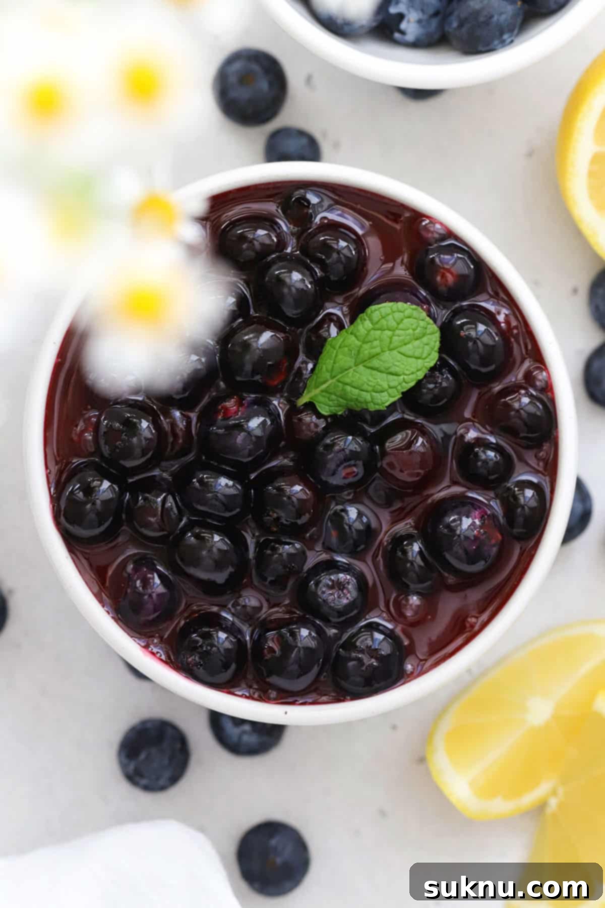 Easy Blueberry Sauce For Cheesecake And Beyond 7 A pristine white dessert bowl brimming with fresh homemade blueberry sauce, elegantly garnished with a verdant sprig of fresh mint, ready to serve.