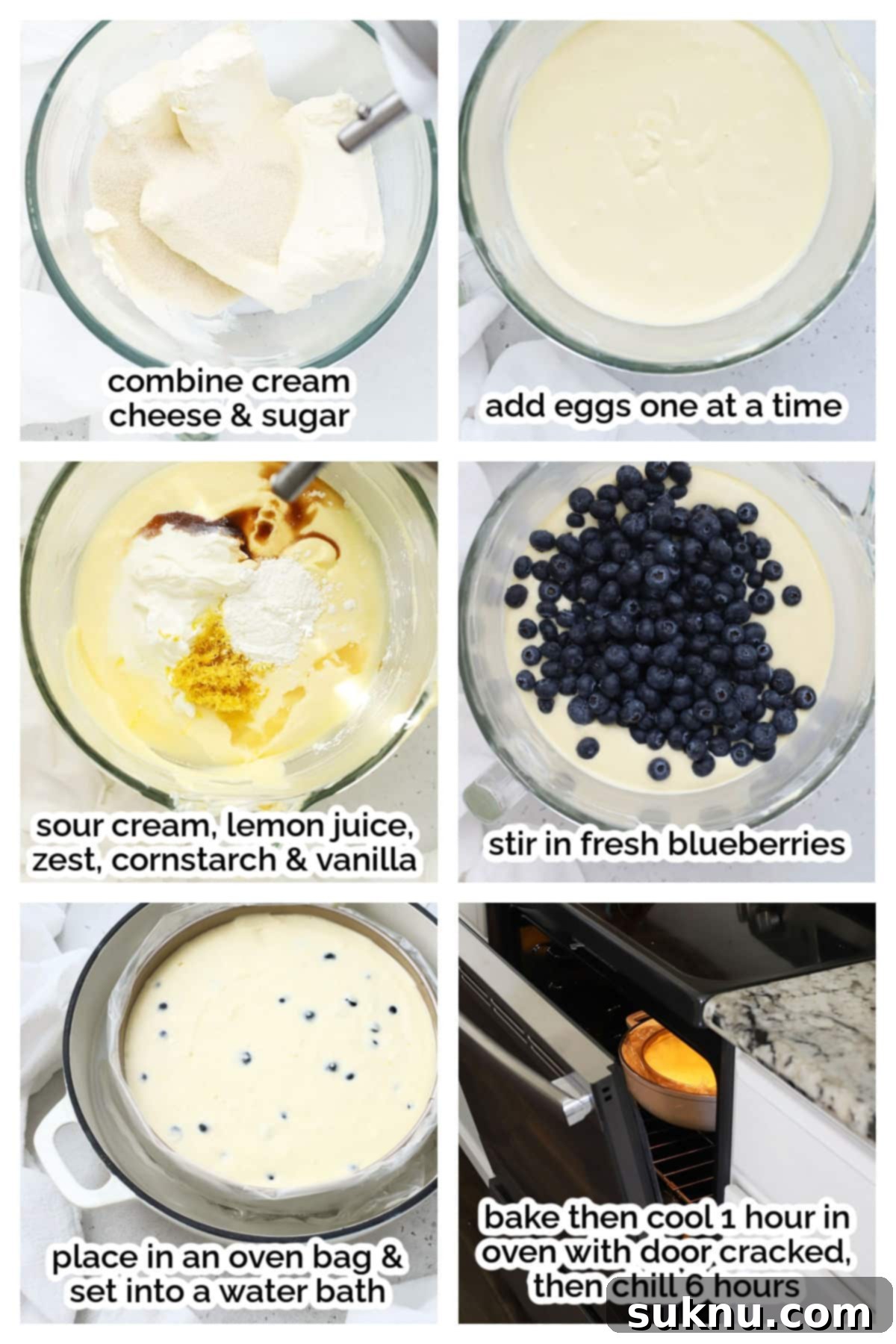 Luscious Gluten-Free Blueberry Cheesecake 5 Close-up of the smooth, creamy gluten-free blueberry cheesecake filling being gently mixed with fresh blueberries in a stand mixer bowl.