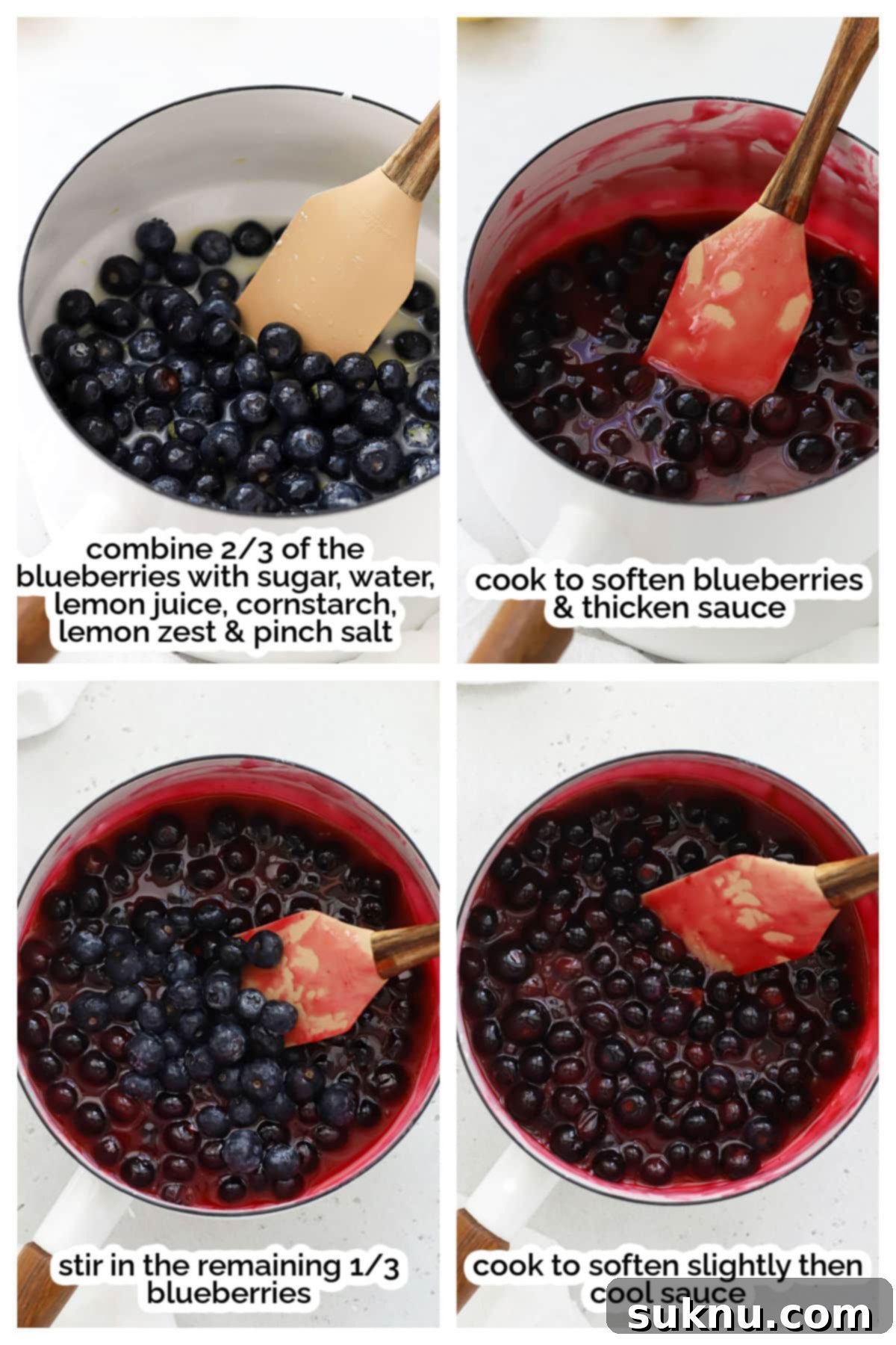 Luscious Gluten-Free Blueberry Cheesecake 6 Step-by-step preparation of fresh blueberry sauce in a saucepan, showing blueberries softening and thickening.