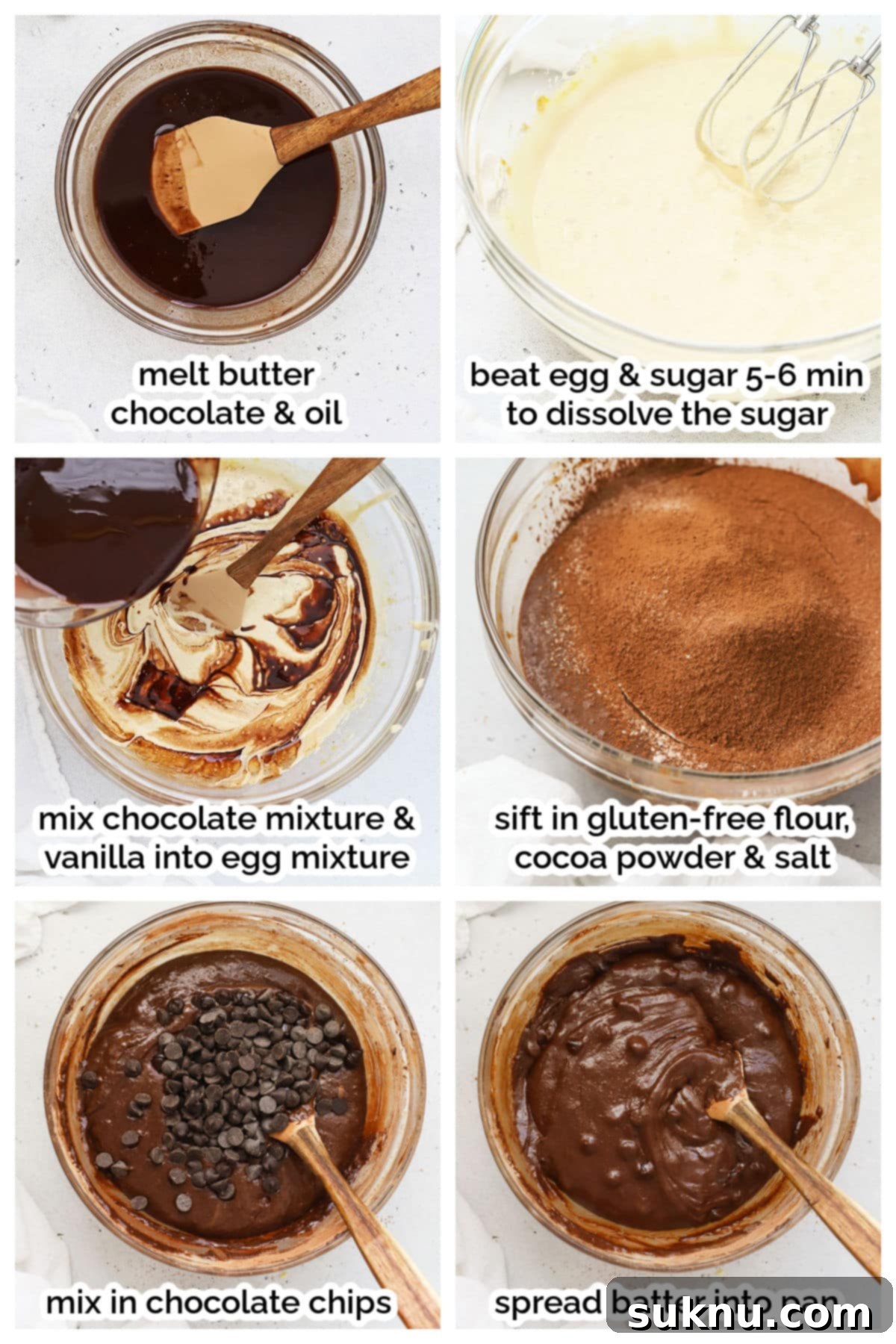 Decadent Gluten-Free S'mores Brownies 4 Step-by-step process of making gluten-free s'mores brownie batter, showing mixing of wet and dry ingredients.