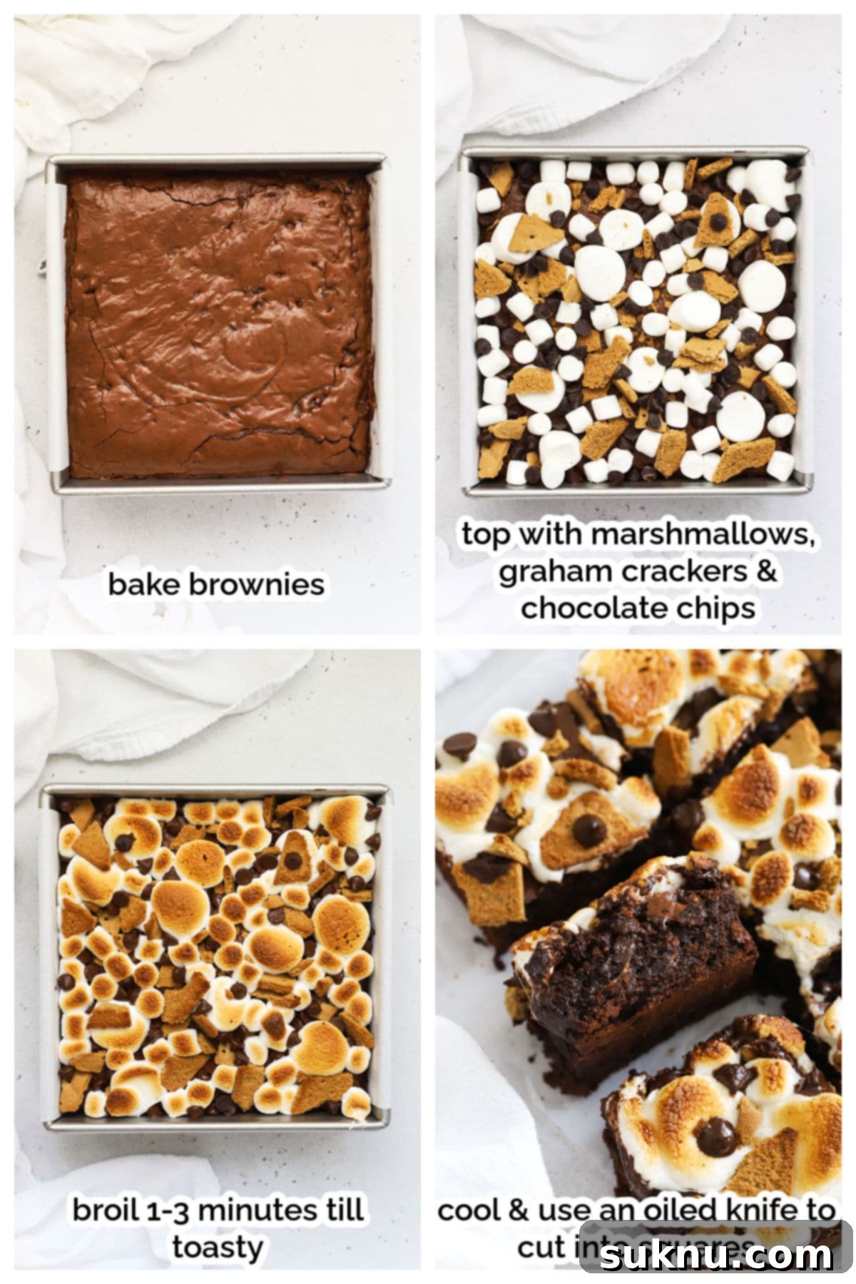 Decadent Gluten-Free S'mores Brownies 5 Hot gluten-free brownies topped with marshmallows, graham cracker pieces, and chocolate chips, ready for broiling.