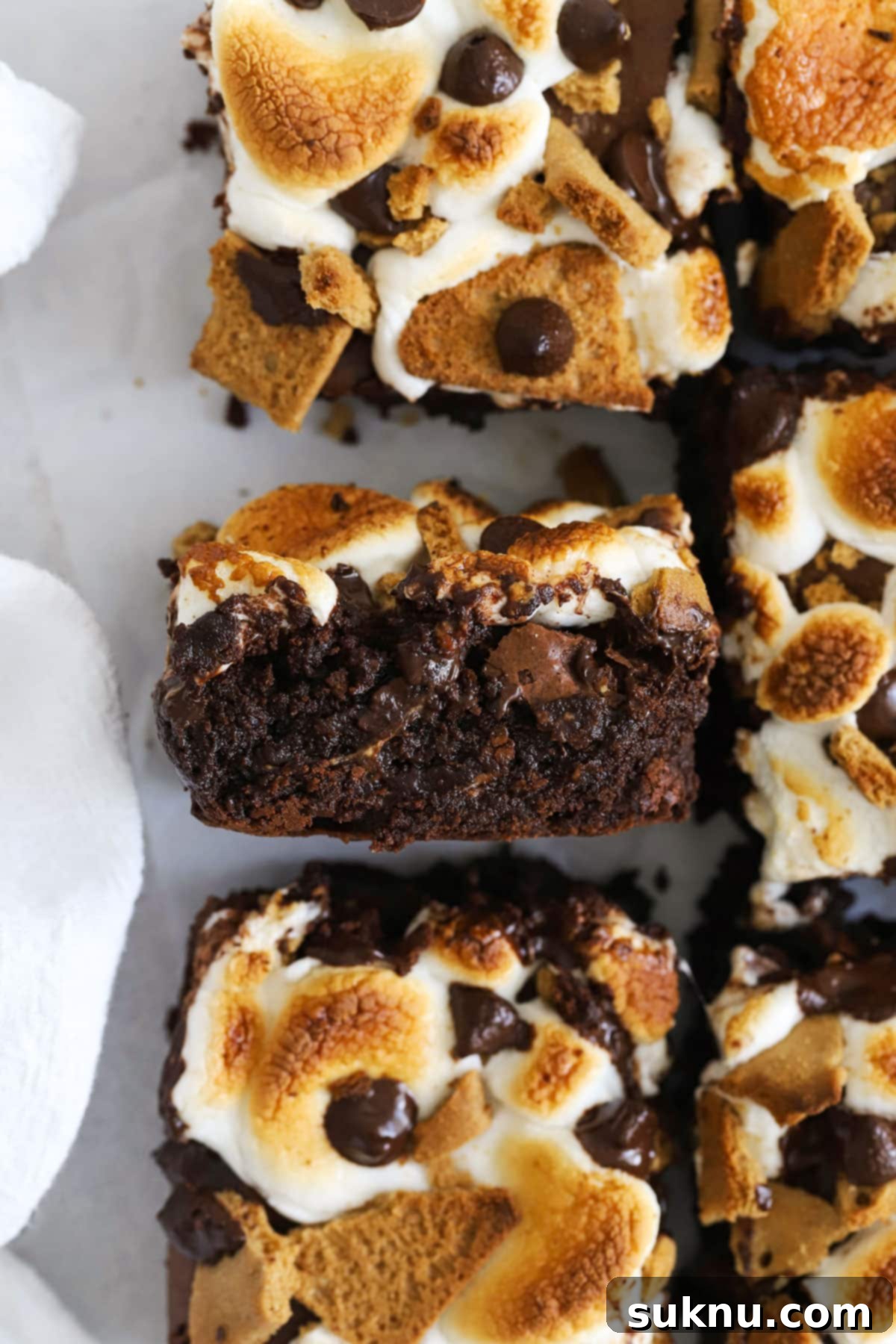 Decadent Gluten-Free S'mores Brownies 6 Close-up view of a Gluten-Free S'mores Brownie, highlighting the toasted marshmallow, chocolate, and graham cracker bits.