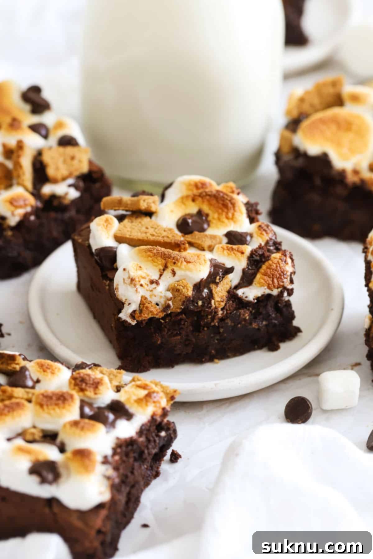 Decadent Gluten-Free S'mores Brownies 7 Two square gluten-free s'mores brownies served on a white dessert plate, showing their rich texture and toppings.