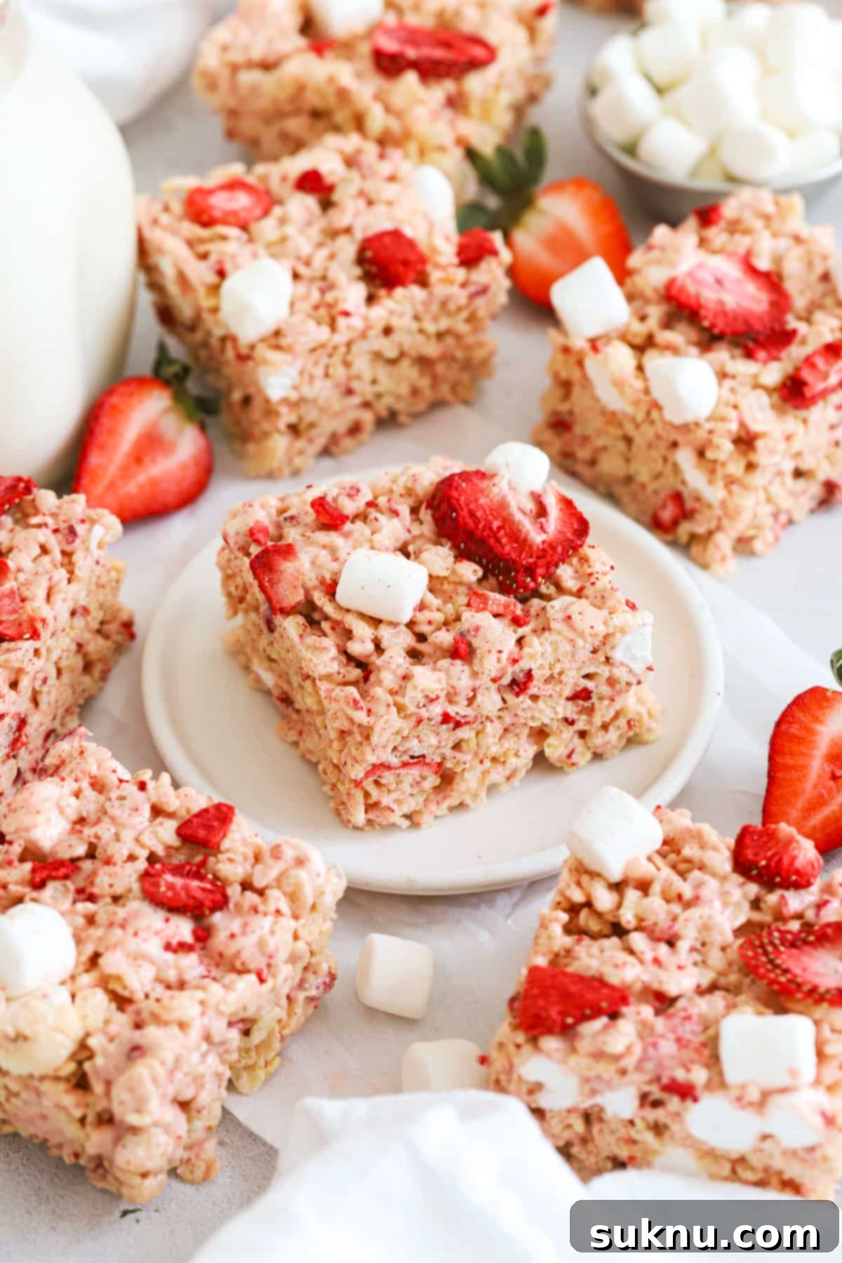 Strawberry Rice Krispie Treat Squares with freeze-dried strawberries, showcasing a cheerful pink and red hue