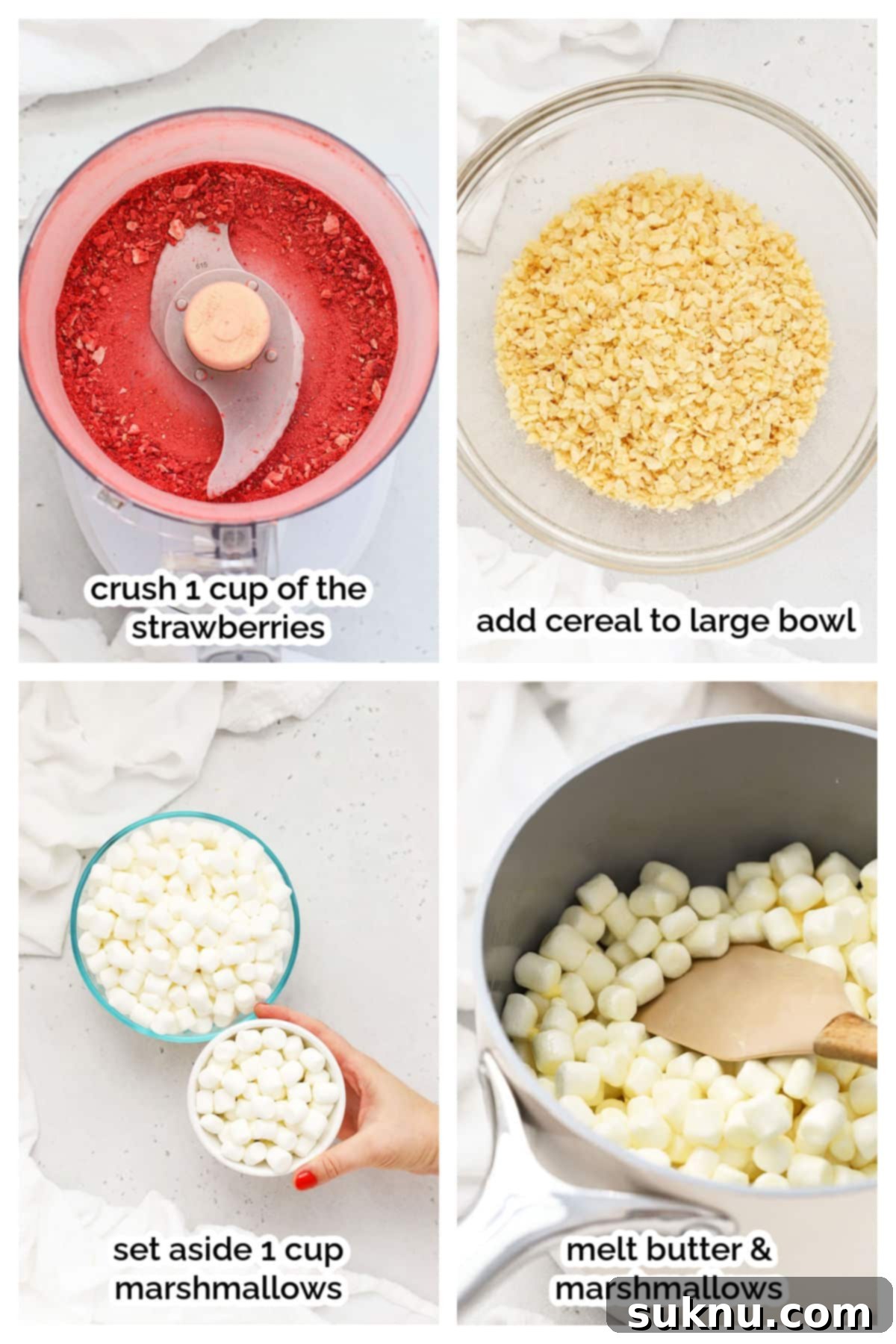 making strawberry rice krispie treats, showing melted marshmallows and cereal