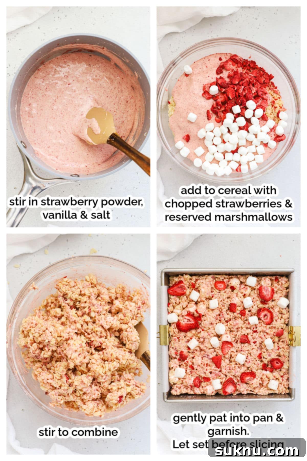 making strawberry rice krispie treats, showing strawberry powder being mixed into melted marshmallow