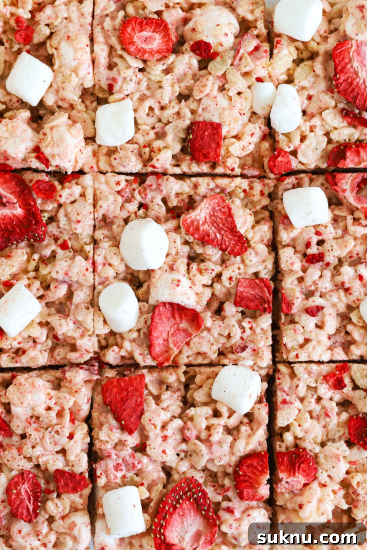 Gluten-Free Strawberry Rice Krispies Treats cut into squares, ready to serve