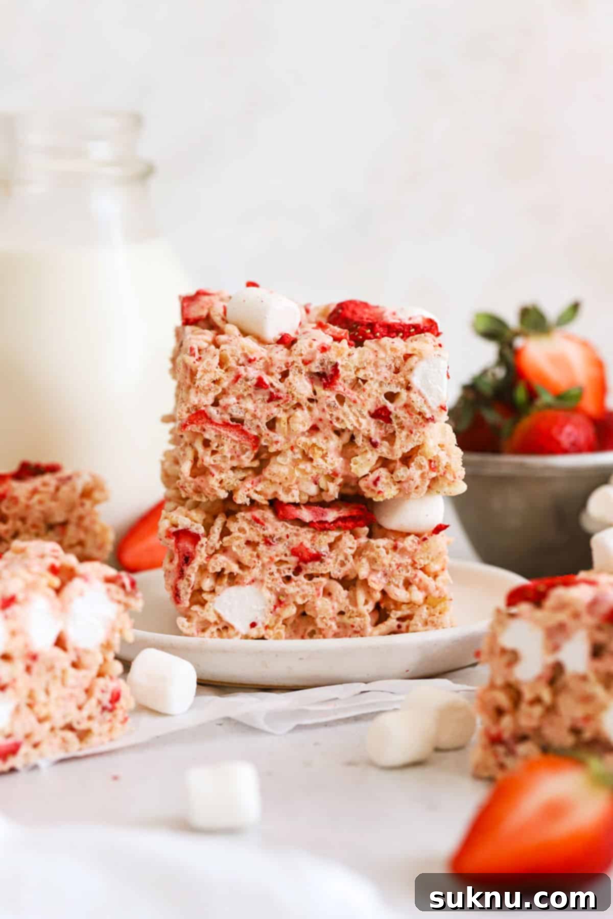 gluten-free strawberry rice krispie treats stacked on a white dessert plate, garnished with more strawberries