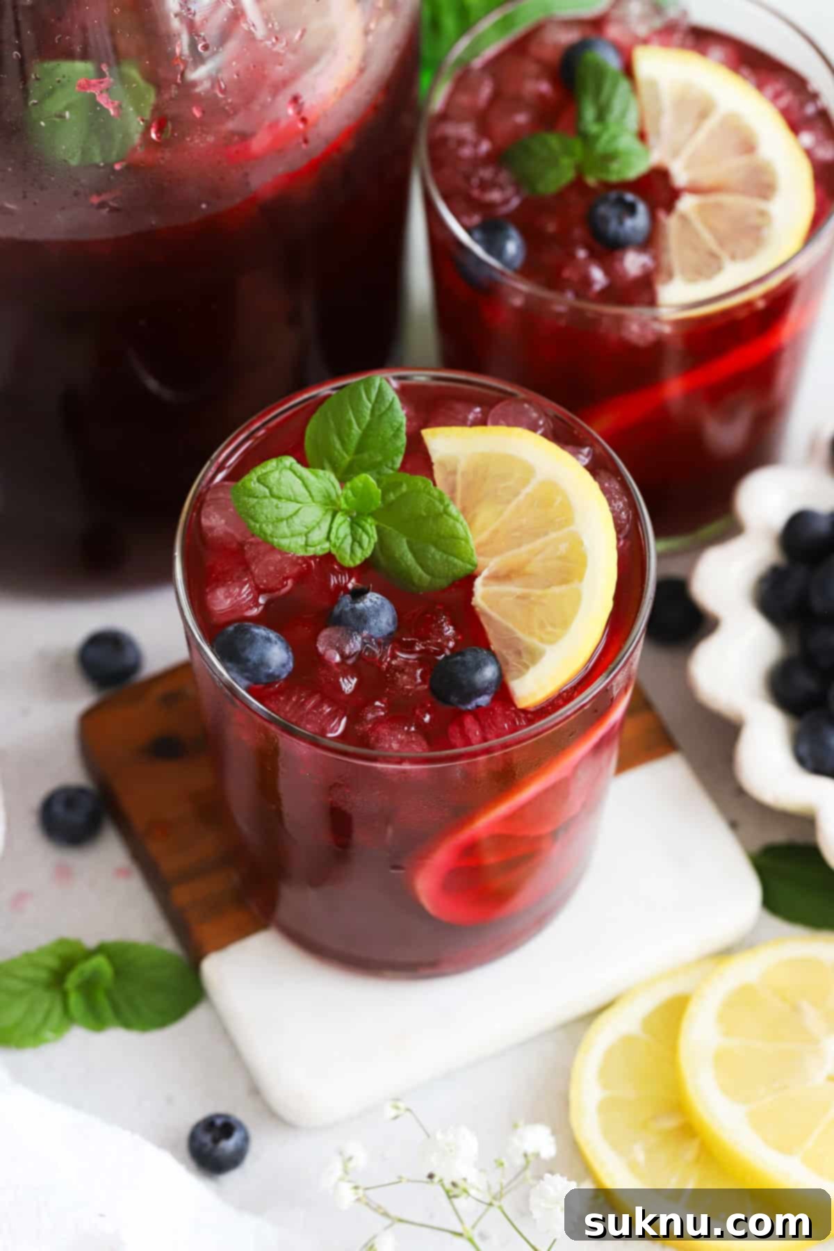 glasses of fresh blueberry lemonade garnished with fresh mint, blueberries, and lemon slices