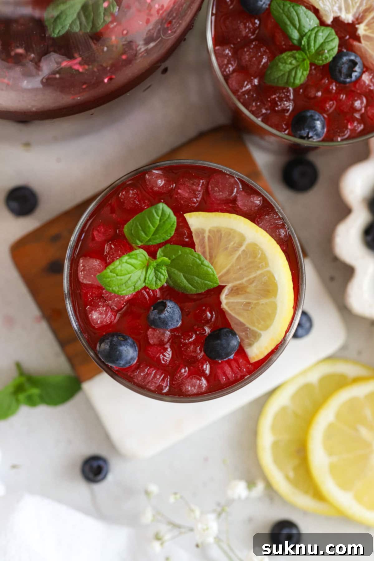 a glass of blueberry lemonade garnished with fresh mint, a lemon slice and fresh blueberries