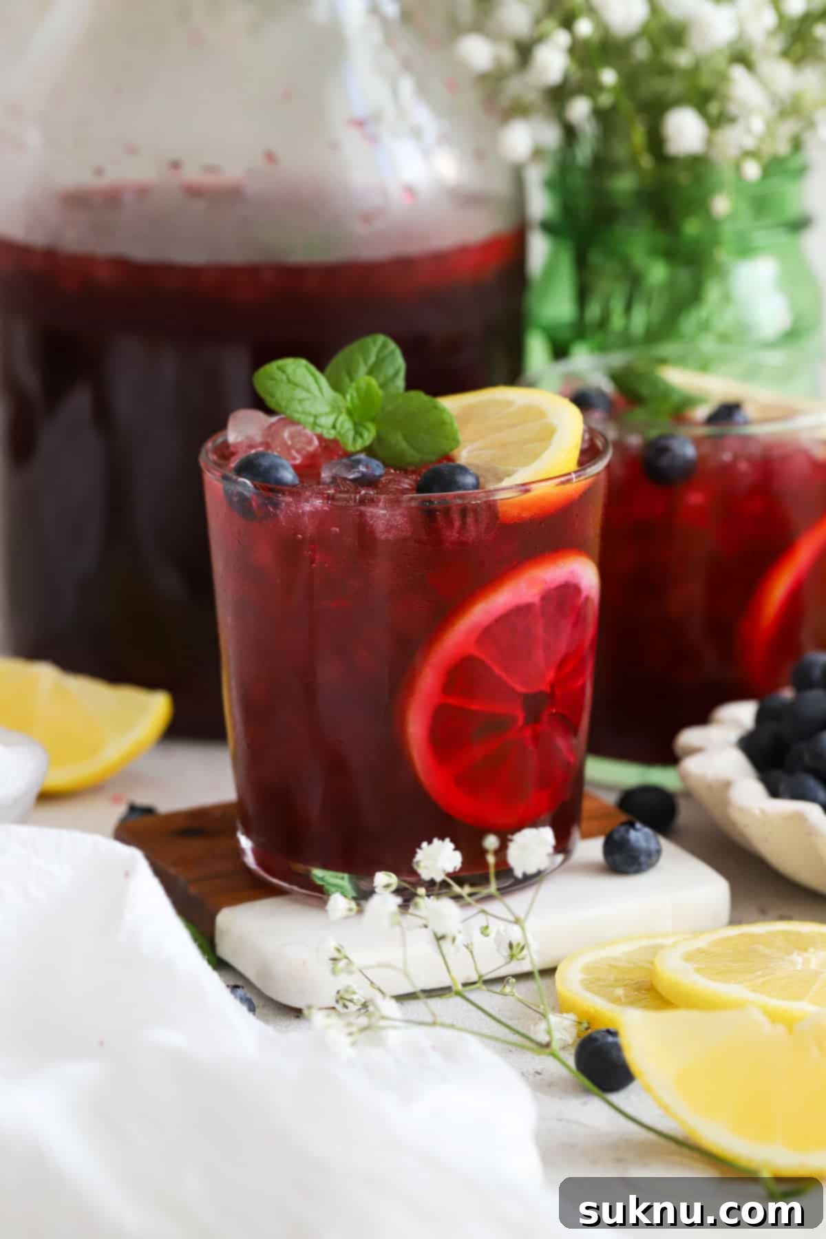 glasses of fresh blueberry lemonade garnished with fresh mint, blueberries, and lemon slices