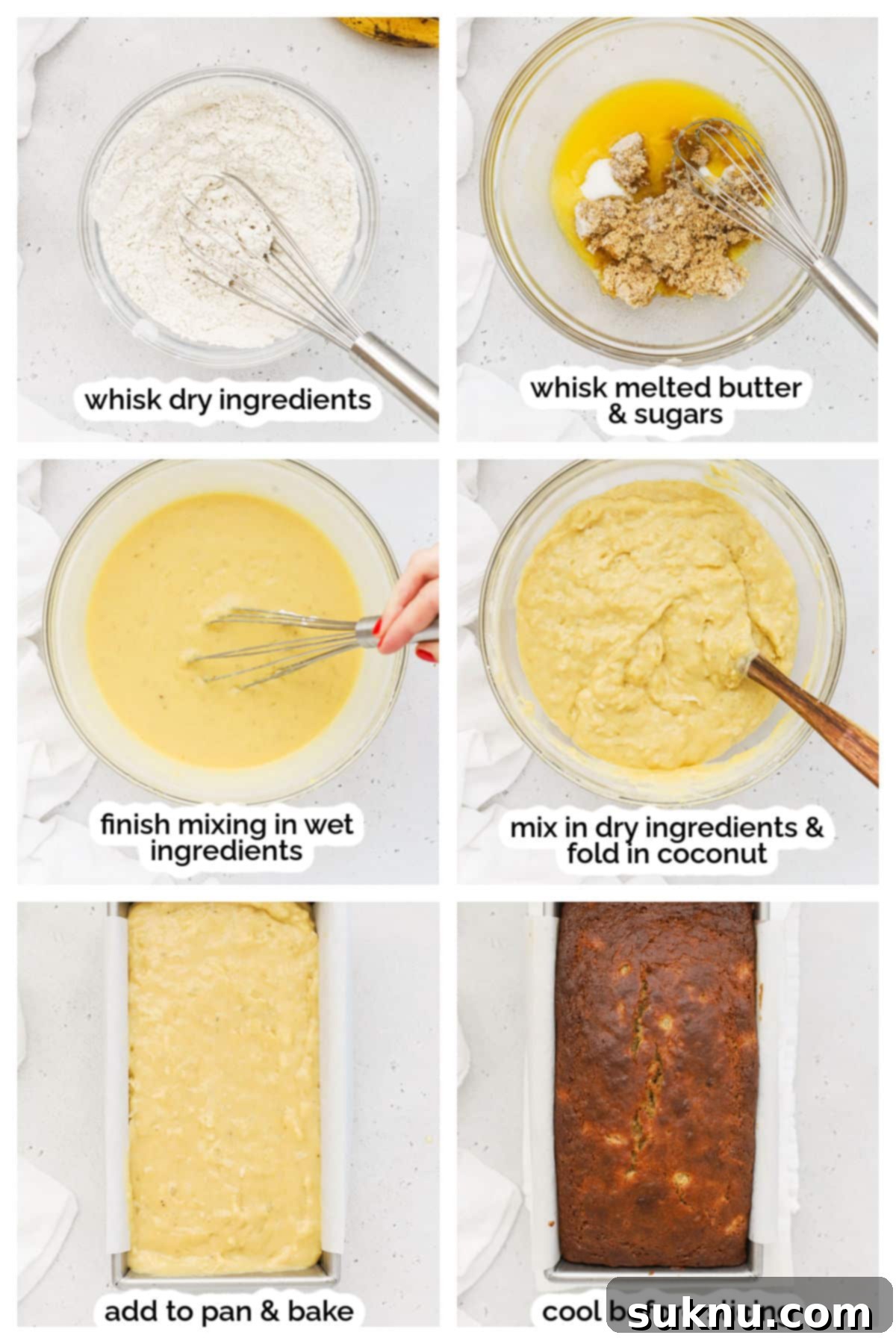 A visual guide showing the steps involved in making gluten-free pineapple coconut banana bread, from mixing to batter in the pan.