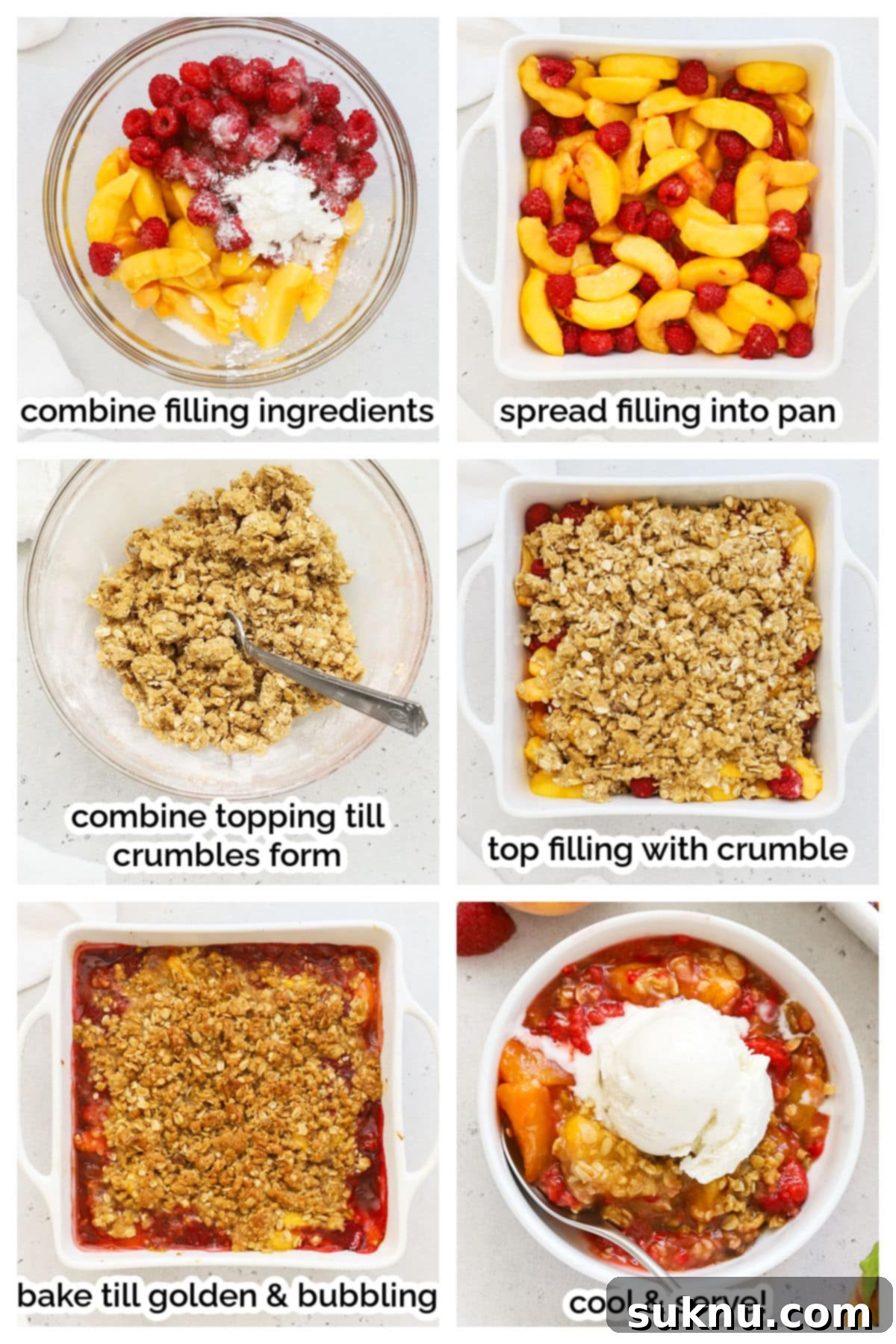 A visual step-by-step guide showing the process of mixing ingredients and assembling a gluten-free raspberry peach crisp before baking.