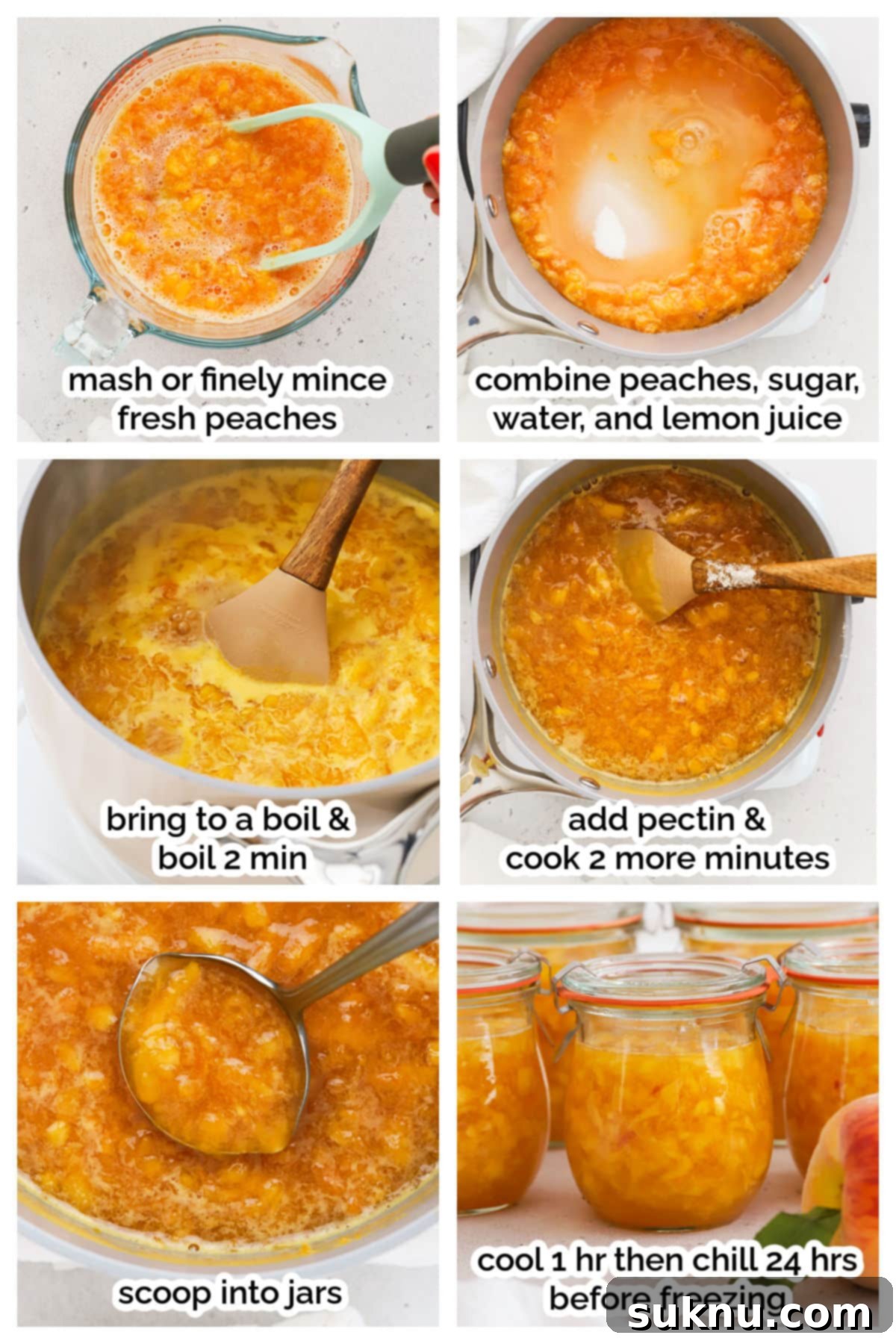 Effortless Low Sugar Peach Freezer Jam 4 Step-by-step photos of making peach freezer jam, showing peaches being prepared, mixture boiling, and jars being filled.