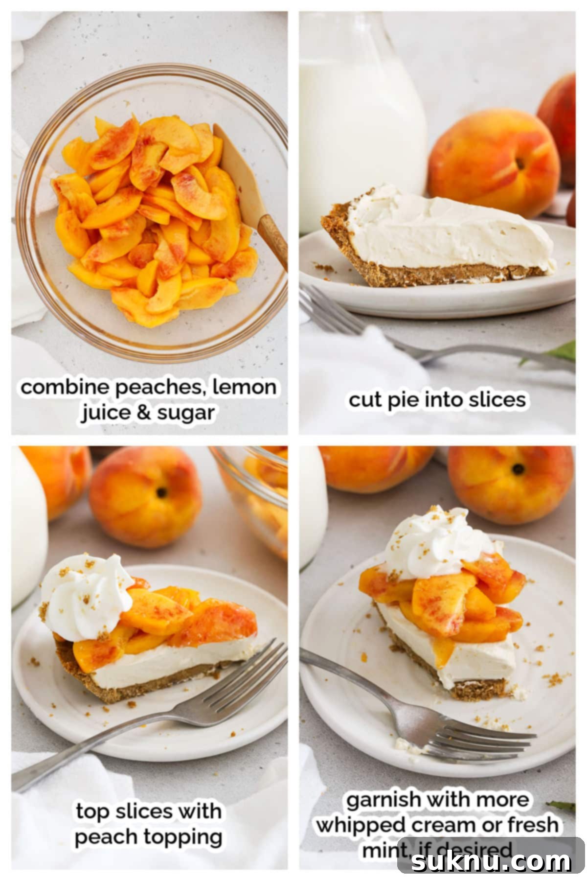 making fresh peach topping and garnishing a slice of peaches and cream pie