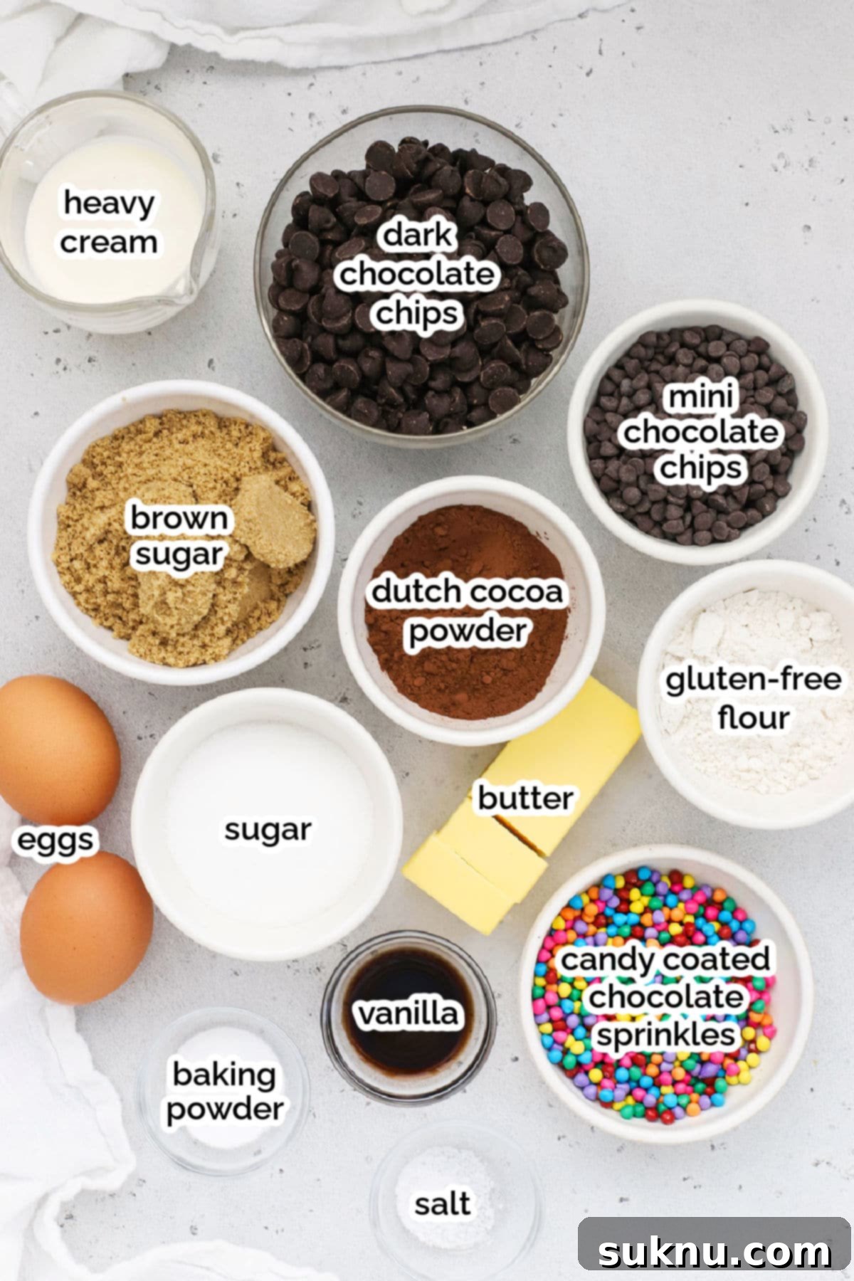 ingredients for gluten-free cosmic brownie cookies, laid out neatly