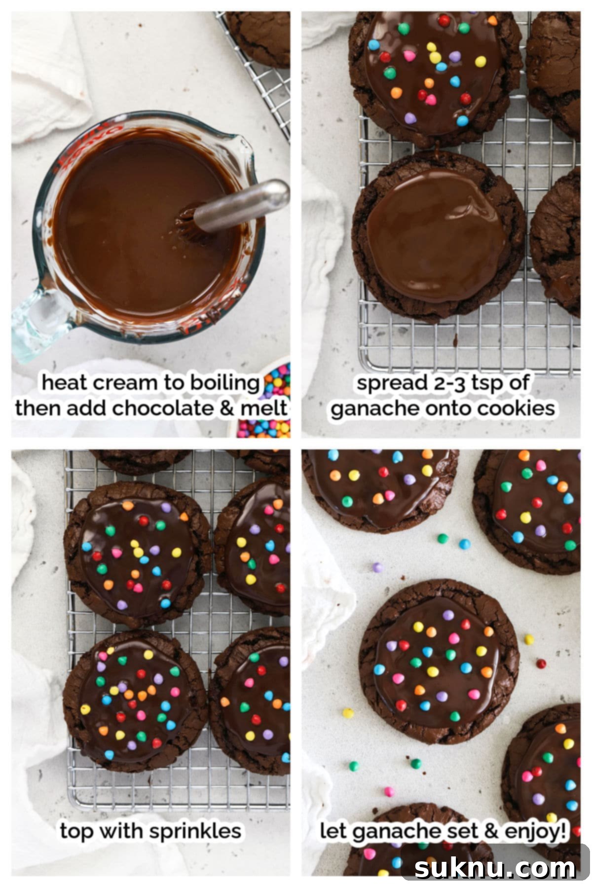 decorating gluten-free cosmic brownie cookies with ganache and rainbow bit sprinkles, showcasing the final step