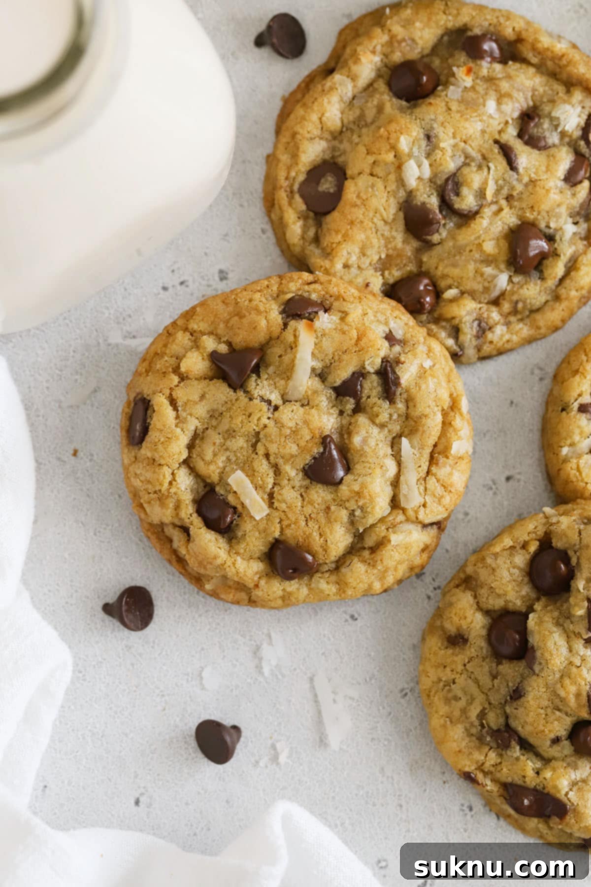 Gluten-free coconut chocolate chip cookies alongside a bottle of milk, highlighting their soft and chewy texture.