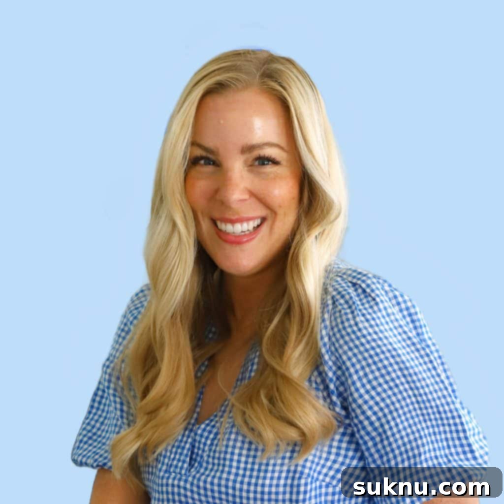 Emily Dixon from Sweets & Thank You against a light blue background, the author of this delicious recipe.