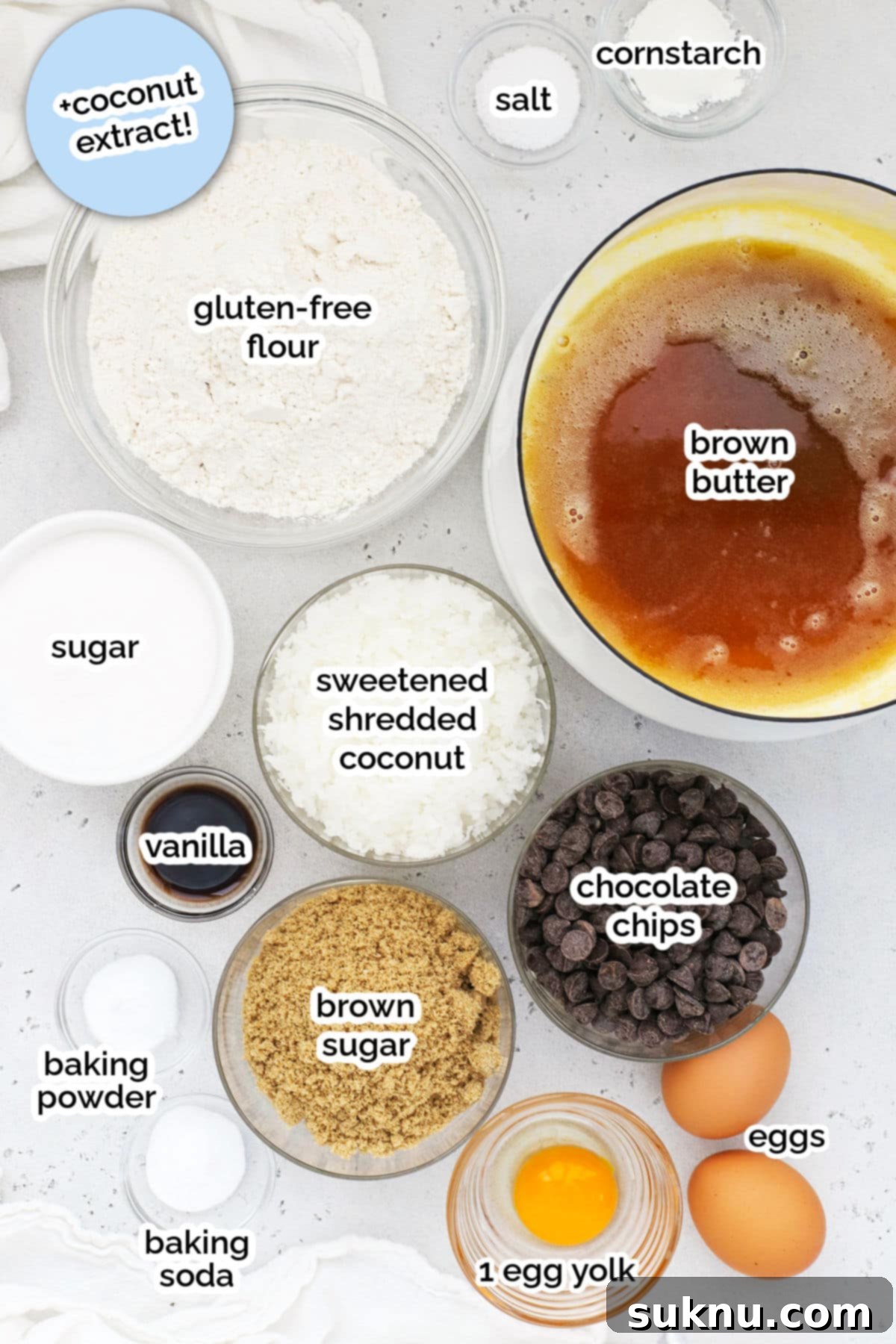 A beautiful display of all the essential ingredients for gluten-free coconut chocolate chip cookies, ready for baking.