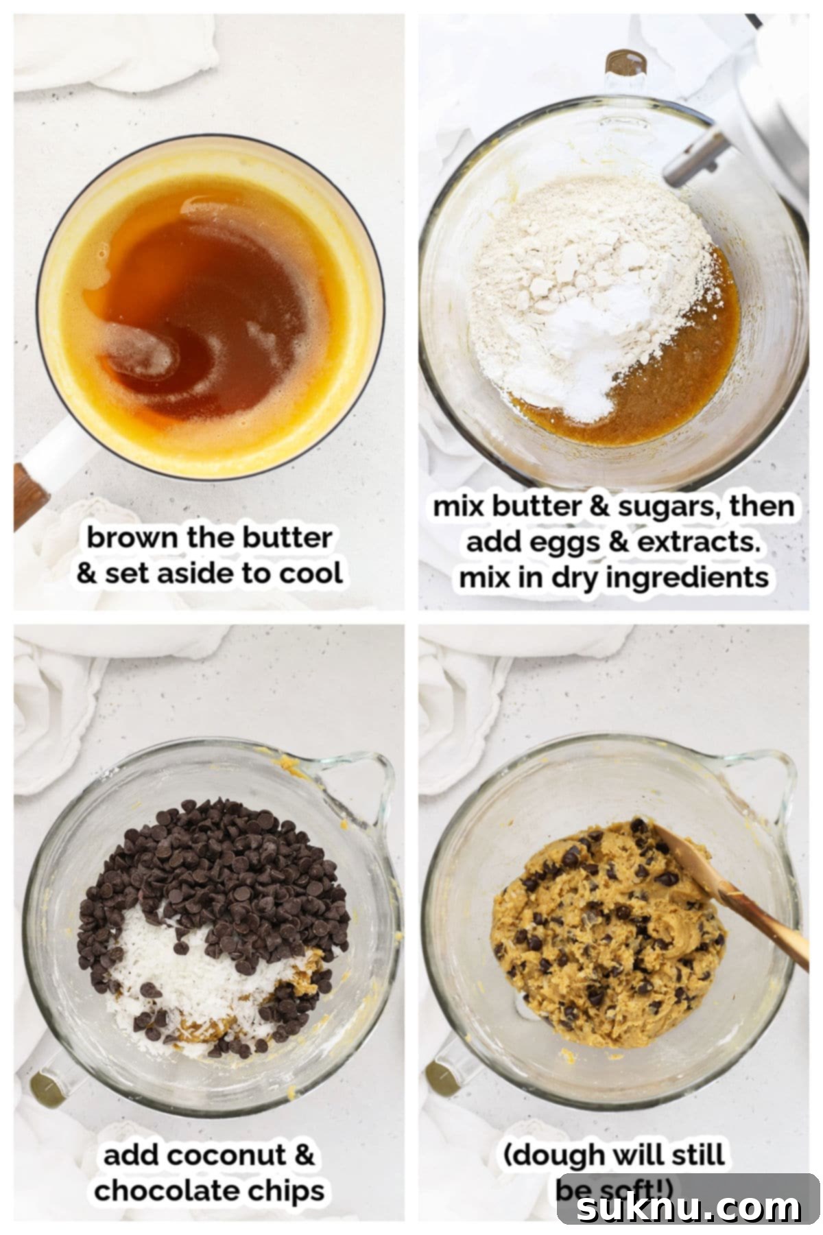 The process of making gluten-free coconut chocolate chip cookie dough, showing ingredients being mixed.