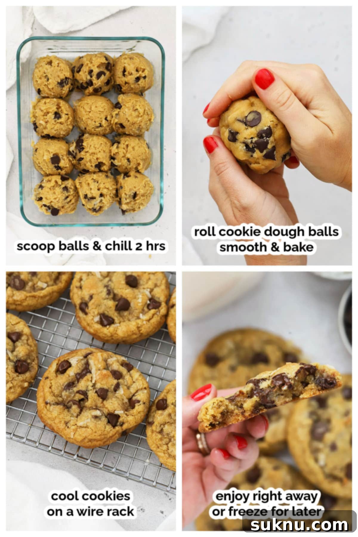 Shaping and baking gluten-free coconut chocolate chip cookies on a parchment-lined baking sheet.