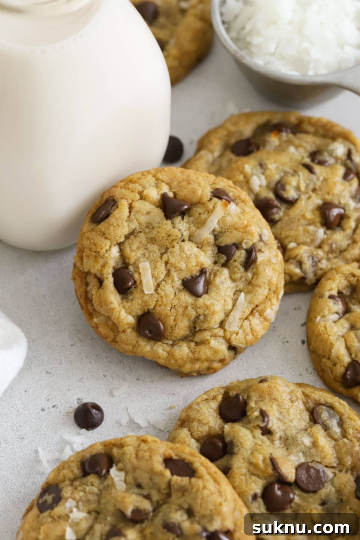 Delicious gluten-free coconut chocolate chip cookies arranged against a bottle of milk, ready to be enjoyed.