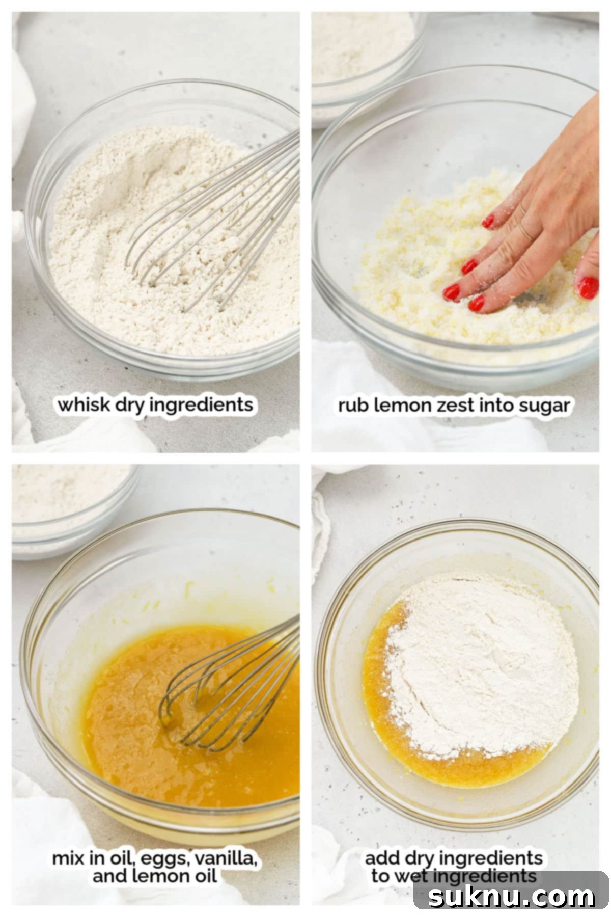 Sequential photos showing the process of mixing gluten-free lemon zucchini bread batter, highlighting key stages of preparation.