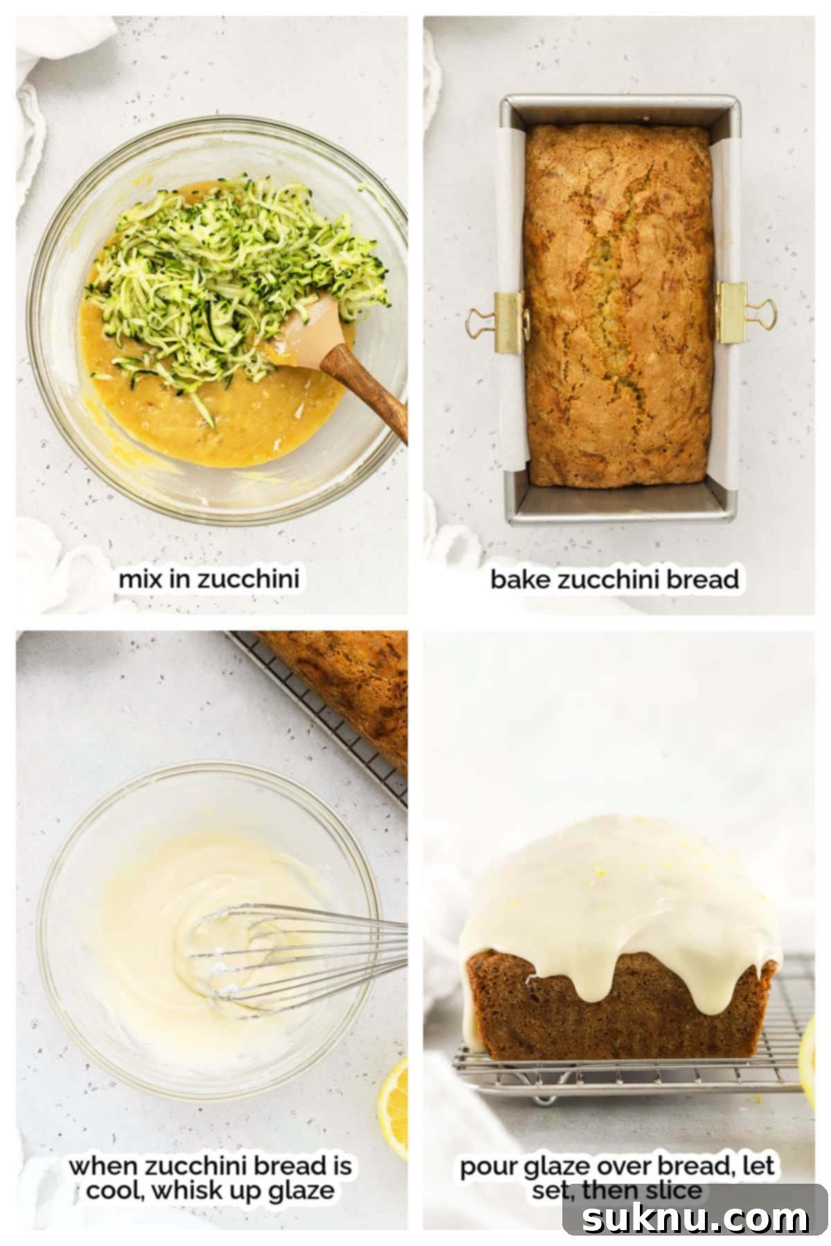 The finished gluten-free lemon zucchini bread, baked to golden perfection and generously drizzled with a vibrant lemon glaze, on a cooling rack.