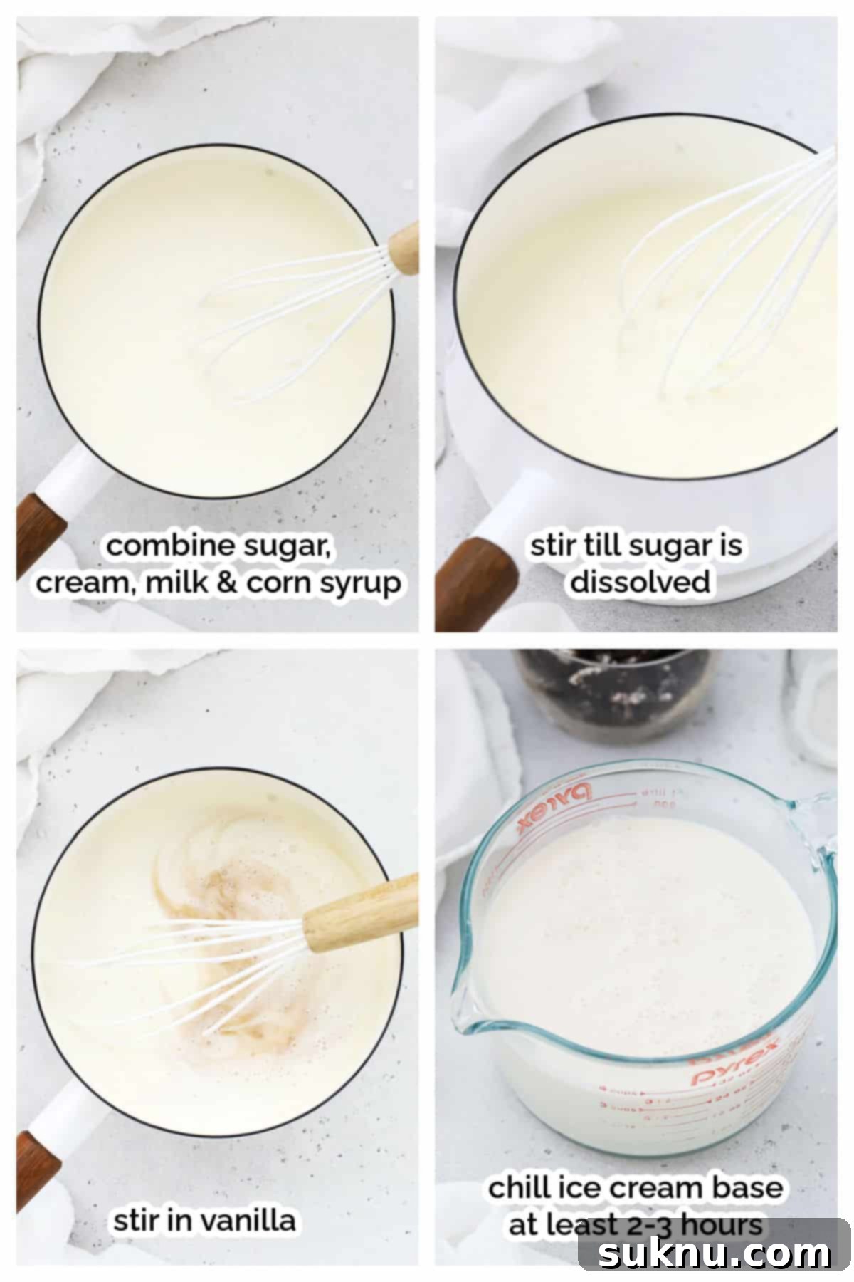 Making a vanilla ice cream base for gluten-free cookies and cream ice cream in a saucepan