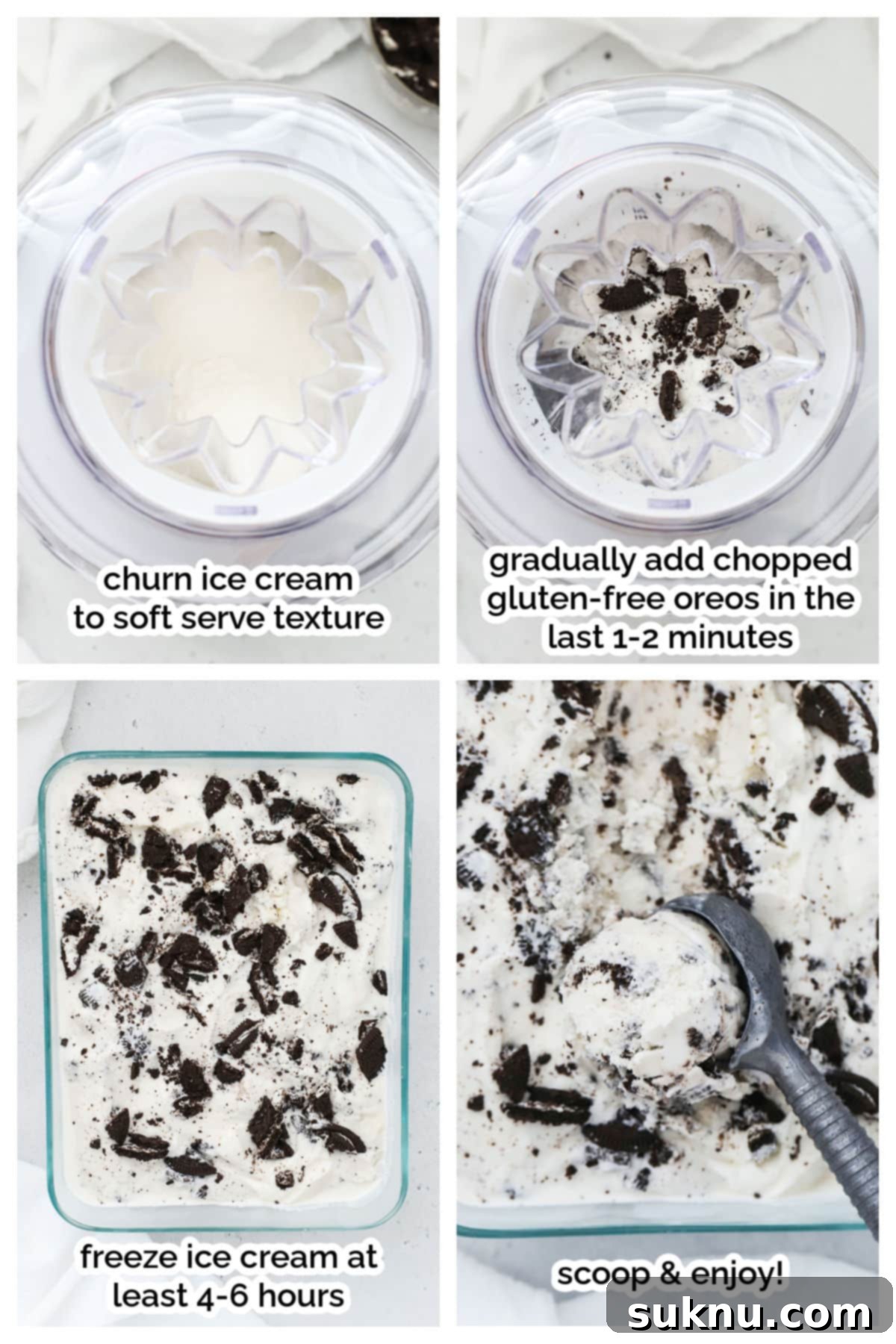 Mixing chopped gluten-free Oreos into homemade cookies and cream ice cream in an ice cream maker